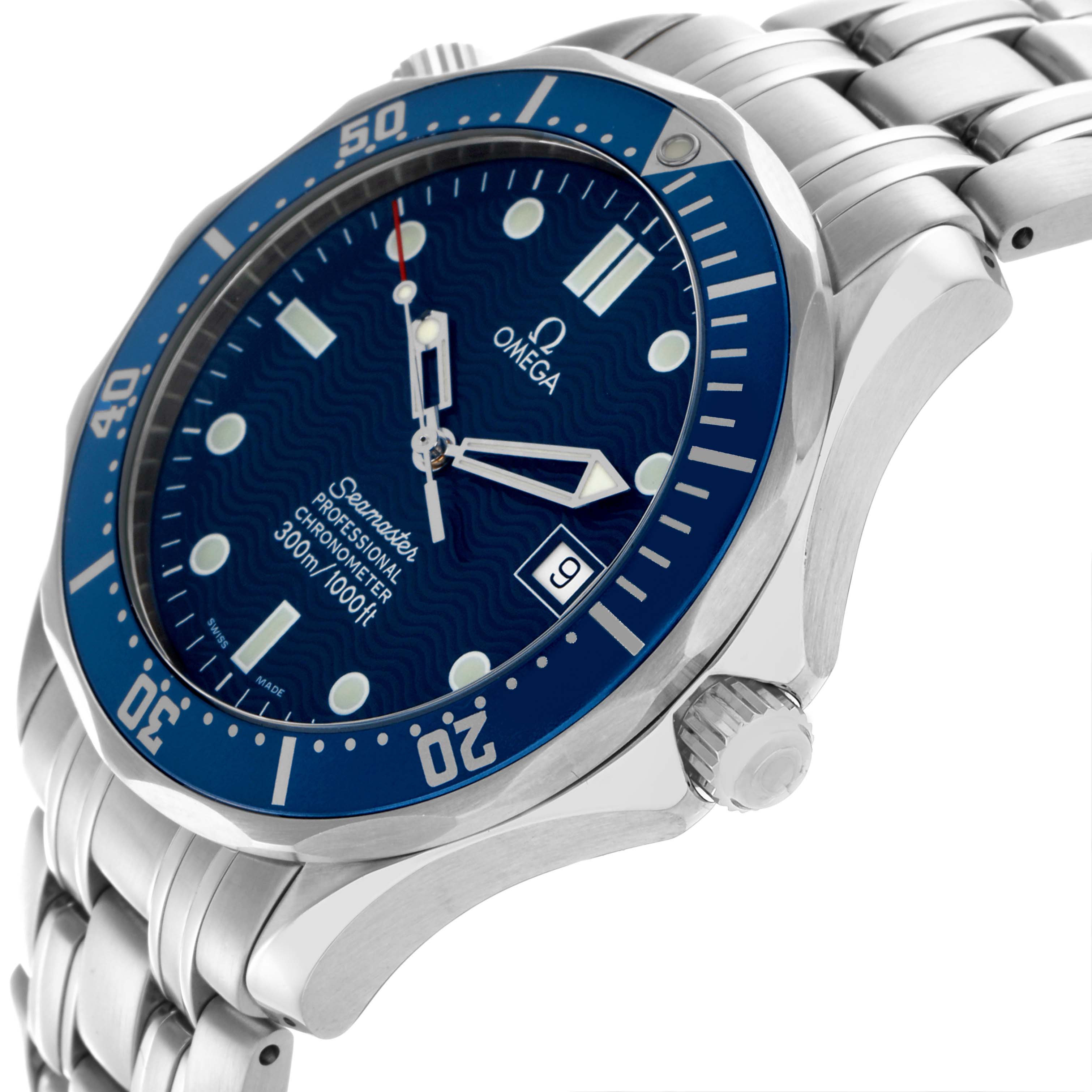 The Omega Seamaster 2531.80.00 Men
s Stainless Steel Blue Dial 2531.80.00 Men
s Stainless Steel Blue Dial watch is shown at a side angle displaying the dial, bezel, crown, and part of the bracelet.