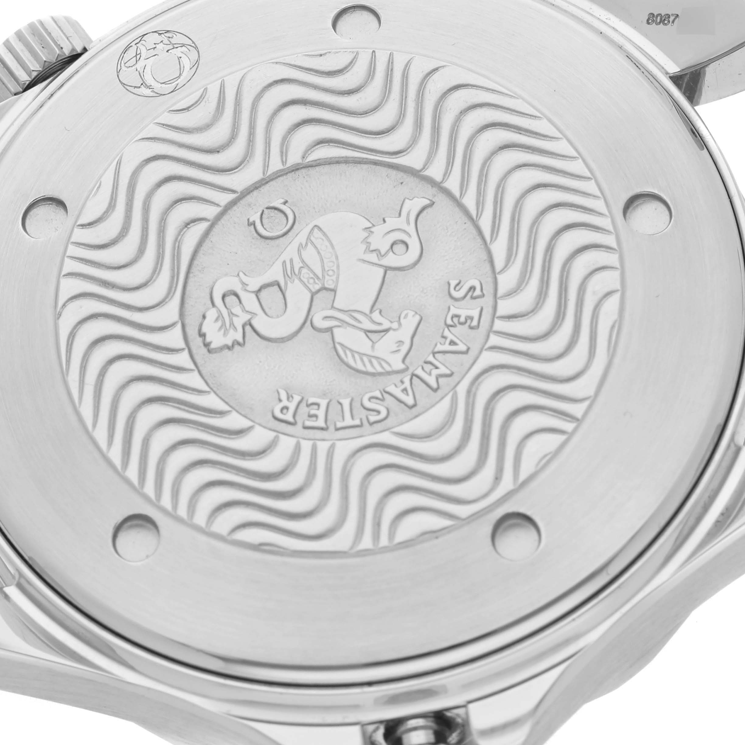 The image shows the case back of an Omega Seamaster 2531.80.00 Men
s Stainless Steel Blue Dial 2531.80.00 Men
s Stainless Steel Blue Dial model, highlighting its embossed logo and wave pattern.