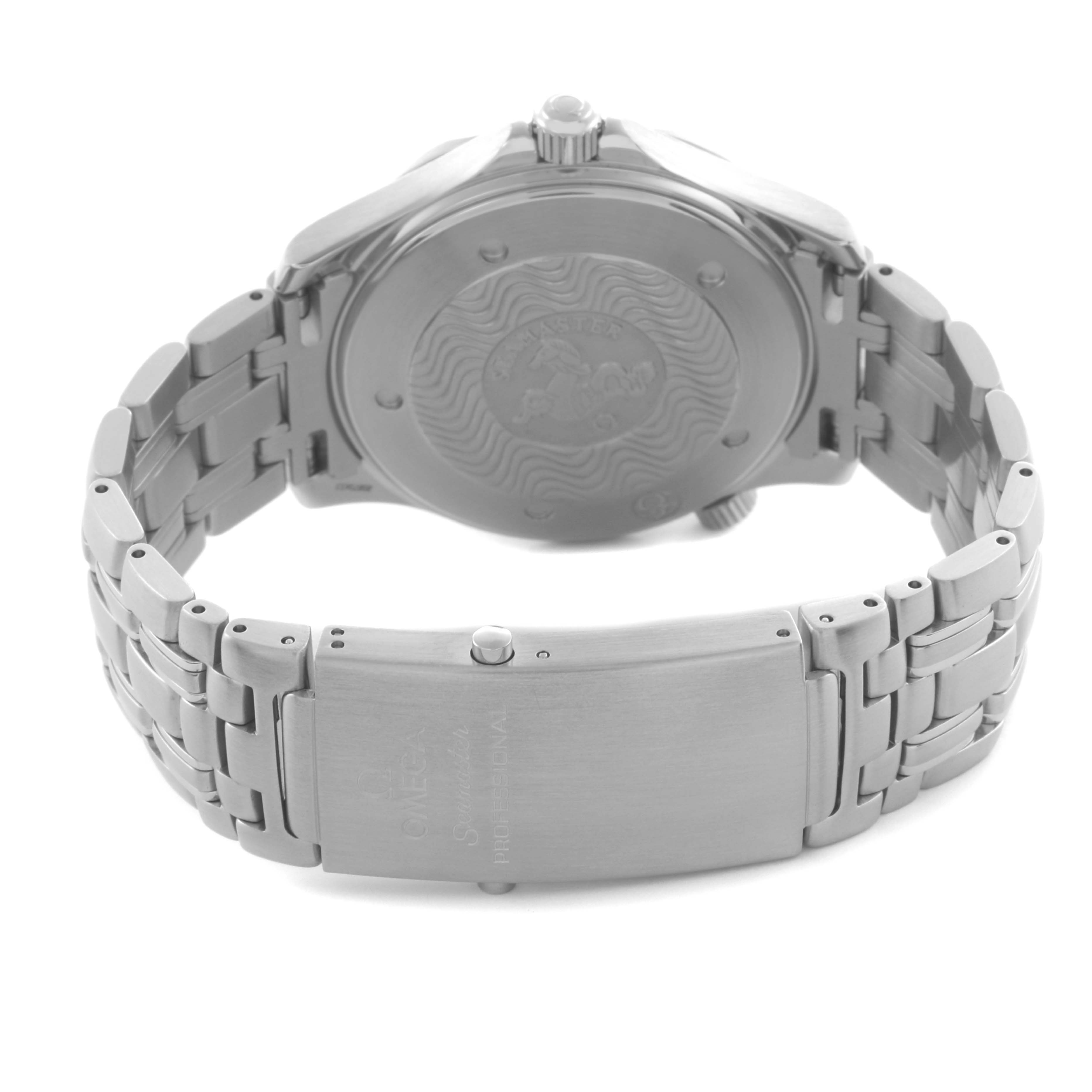 The Omega Seamaster 2531.80.00 Men
s Stainless Steel Blue Dial 2531.80.00 Men
s Stainless Steel Blue Dial watch is shown from the back, highlighting the engraved case back, bracelet, and clasp.