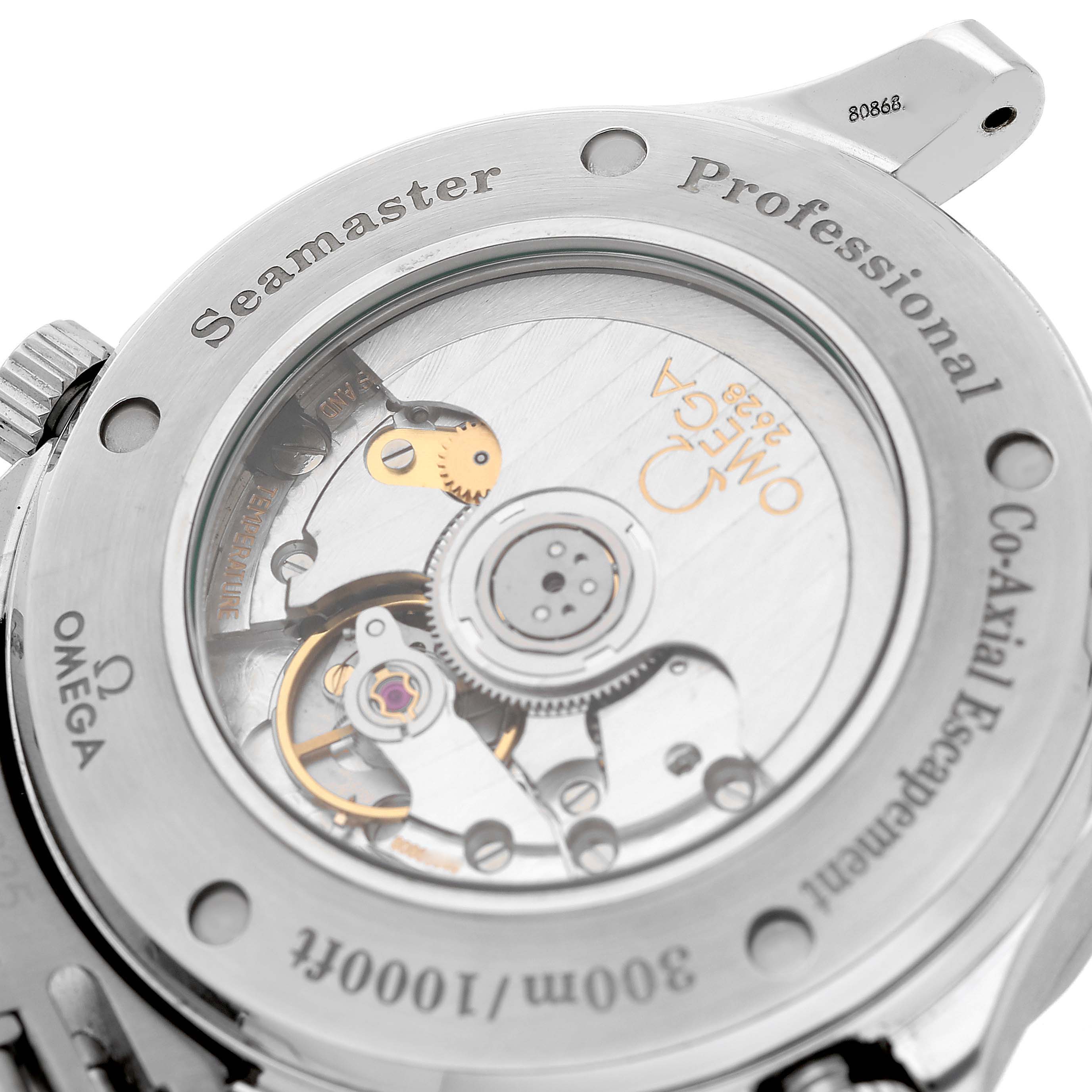 The image shows the rear, open case back of an Omega Seamaster 2535.80.00 Men's Stainless Steel Blue Dial, displaying its co-axial movement and internal mechanisms.