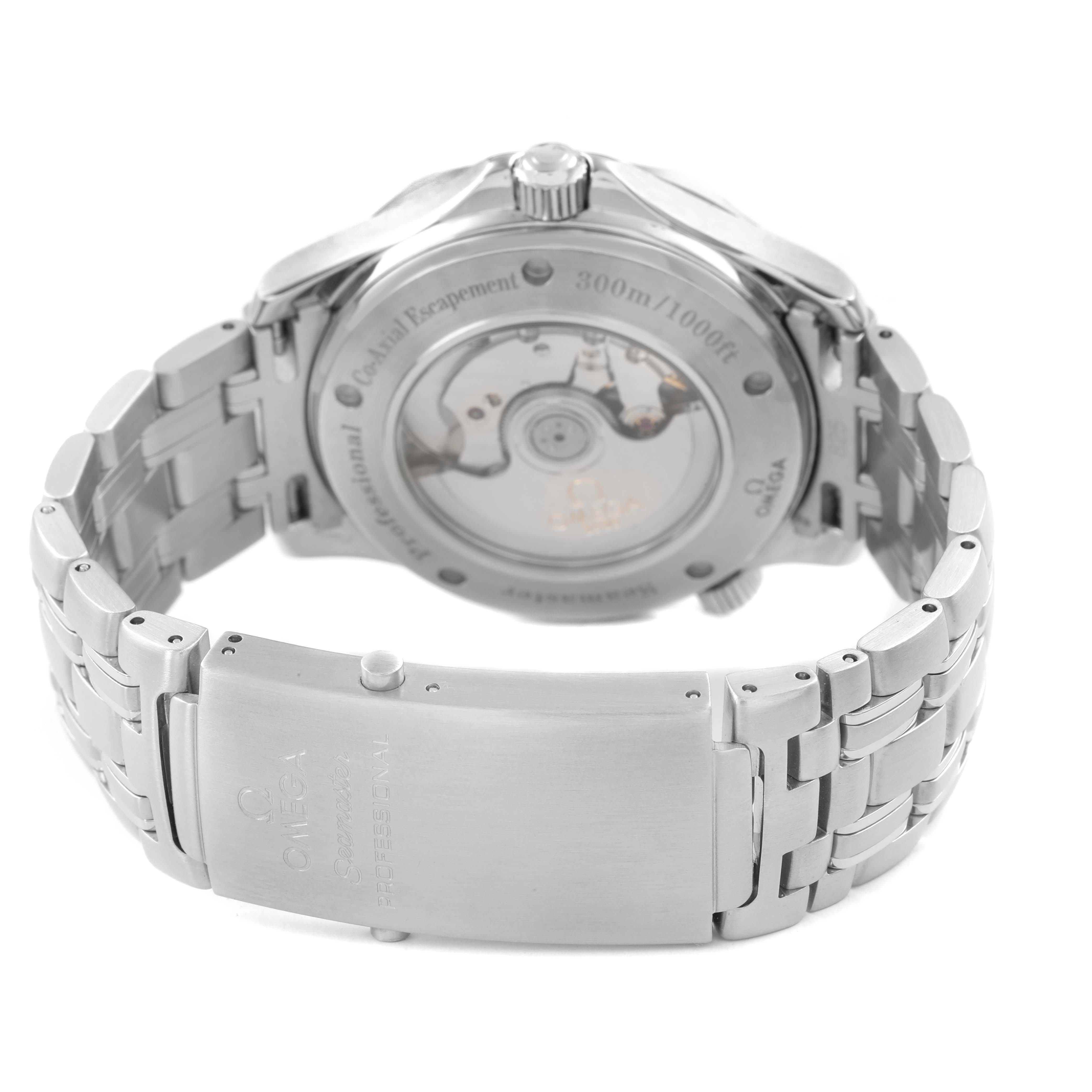 The image shows the back view of an Omega Seamaster 2535.80.00 Men's Stainless Steel Blue Dial watch, highlighting the exhibition case back, bracelet, and clasp.