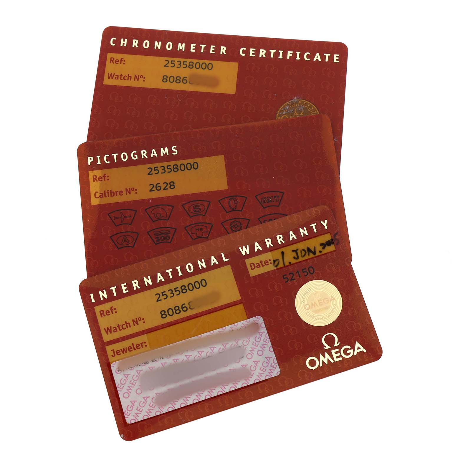 The image shows the Chronometer Certificate, Pictograms, and International Warranty cards for the Omega Seamaster 2535.80.00 Men's Stainless Steel Blue Dial watch.