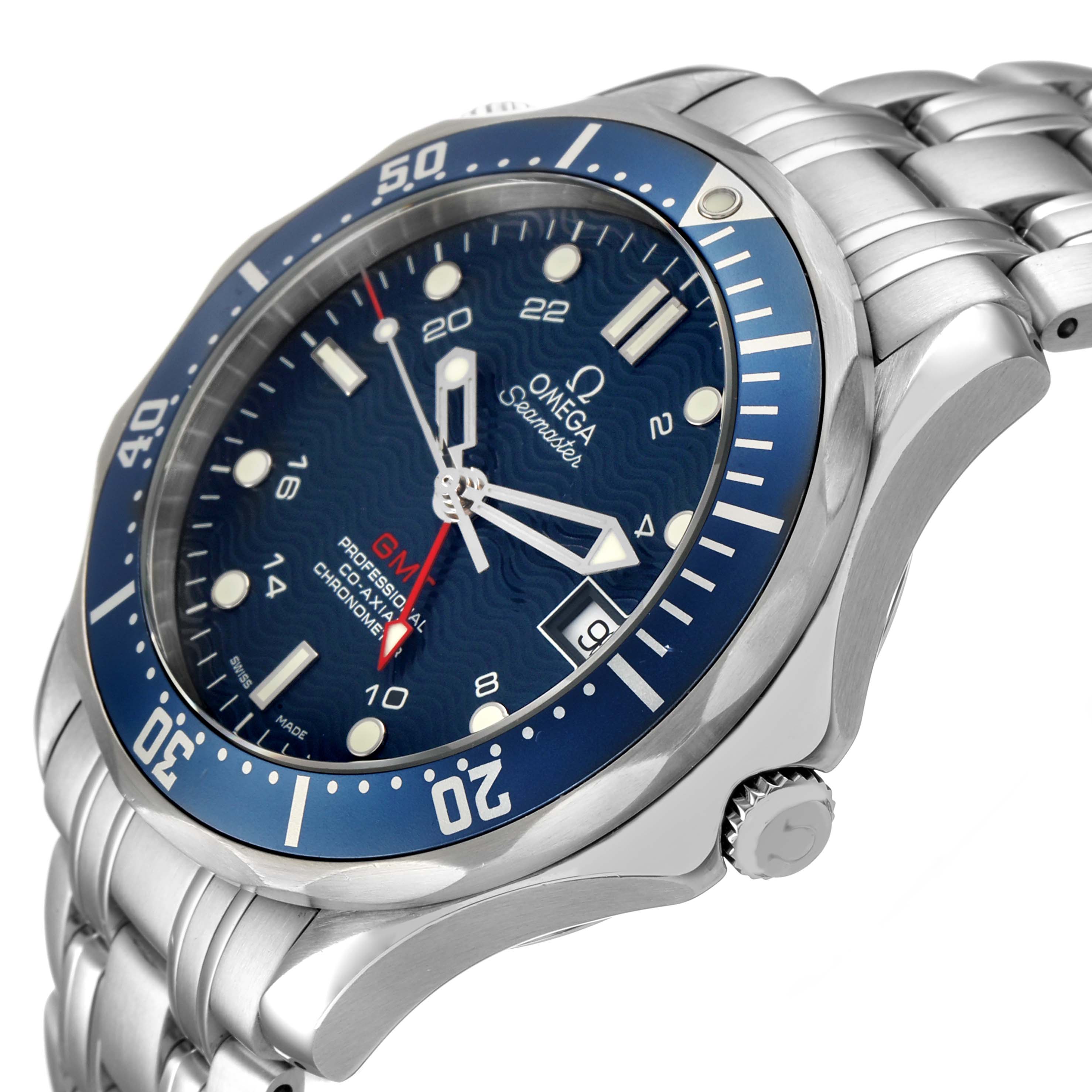 The image shows an Omega Seamaster 2535.80.00 Men's Stainless Steel Blue Dial watch from a slight side angle, featuring the dial, bezel, crown, and part of the bracelet.