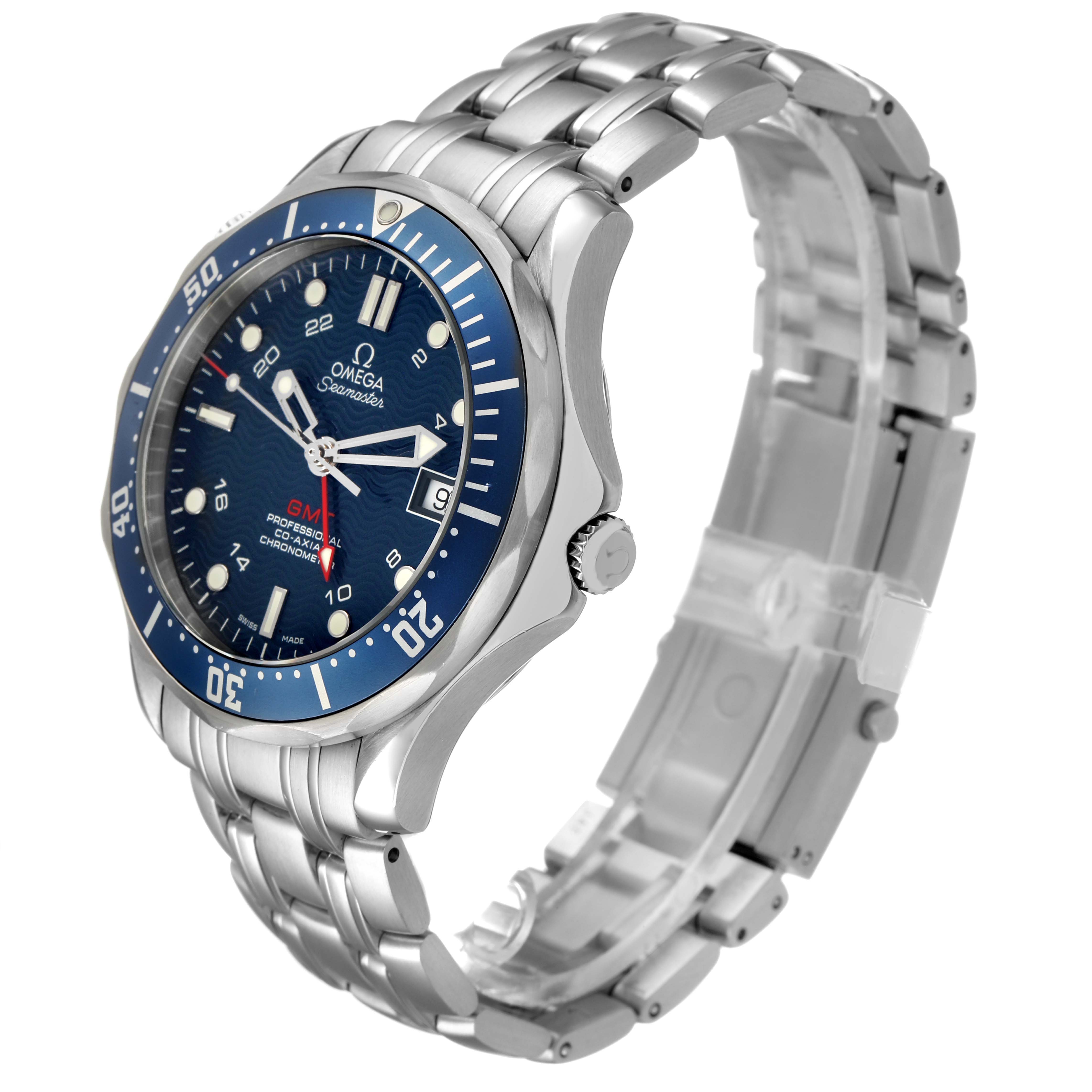The Omega Seamaster 2535.80.00 Men's Stainless Steel Blue Dial watch is shown at a three-quarter angle, highlighting the blue dial, bezel, case, and stainless steel bracelet.