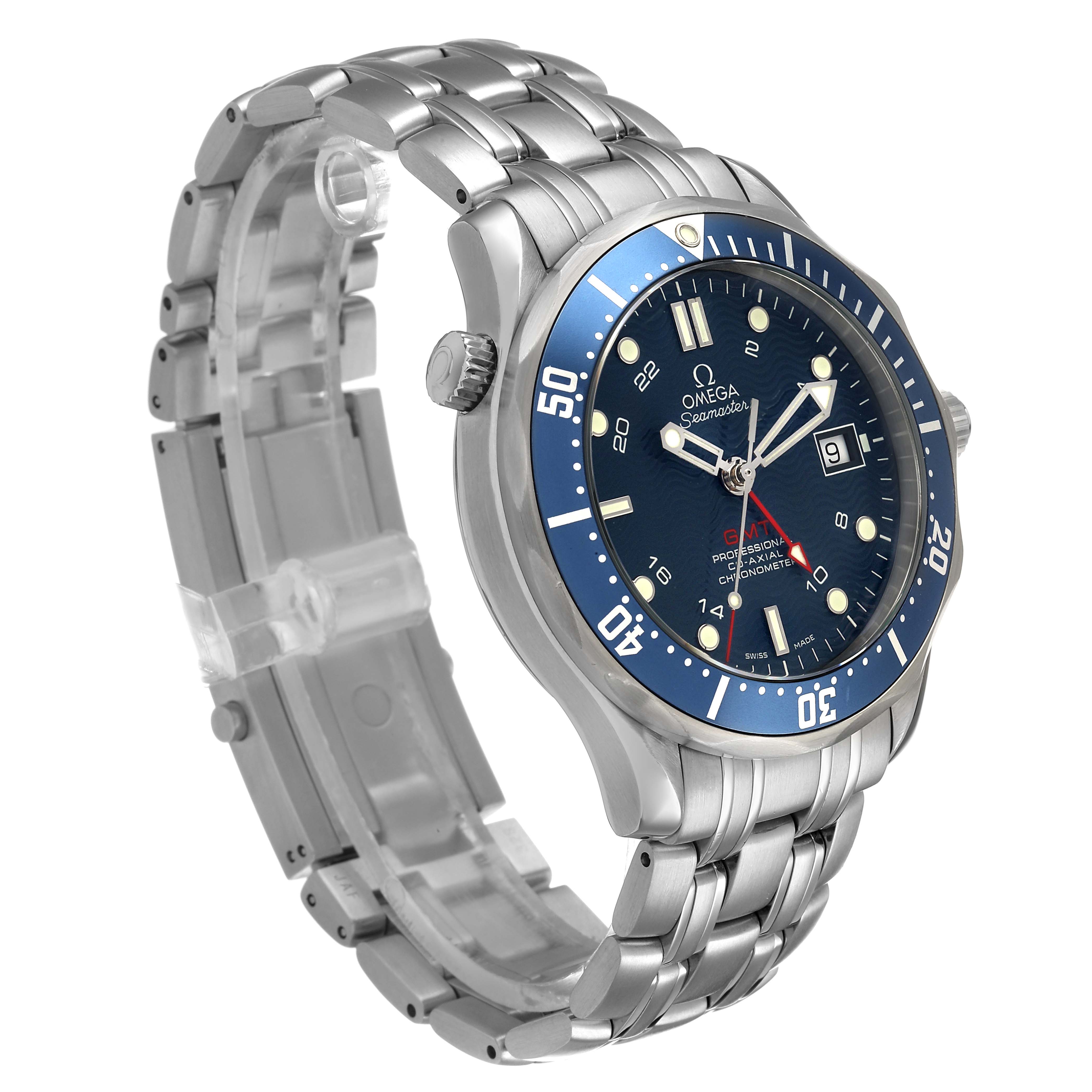 The Omega Seamaster 2535.80.00 Men's Stainless Steel Blue Dial watch is shown at a three-quarter angle, displaying the dial, bezel, crown, and metal bracelet.