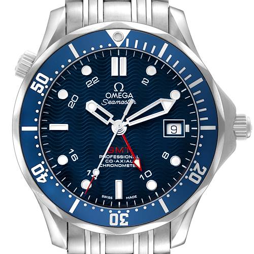 The Omega Seamaster 2535.80.00 Men's Stainless Steel Blue Dial watch is shown from the front, highlighting the bezel, dial, hands, date window, and bracelet.