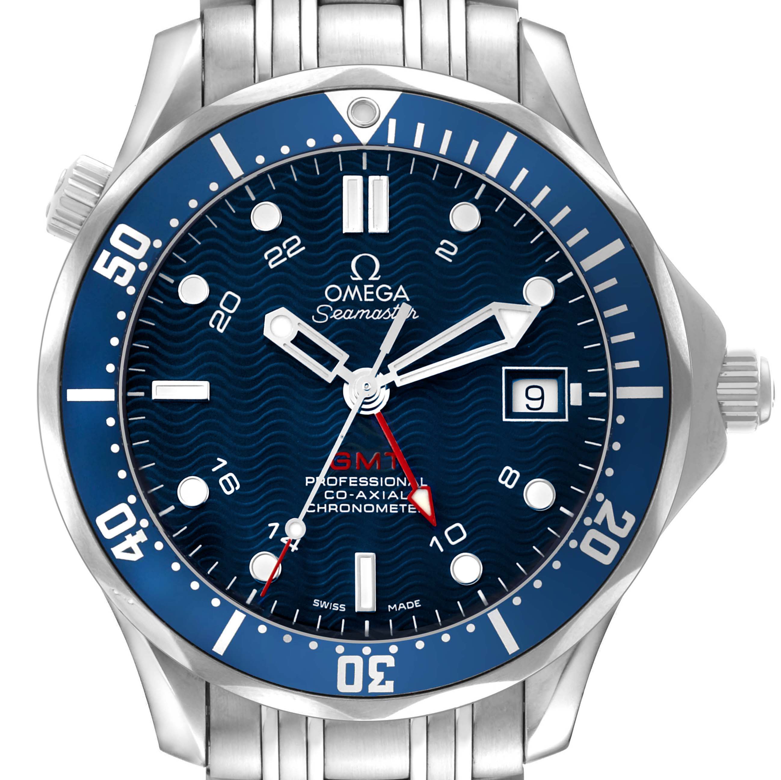 The Omega Seamaster 2535.80.00 Men's Stainless Steel Blue Dial watch is shown from a front angle, displaying the dial, bezel, and part of the bracelet.