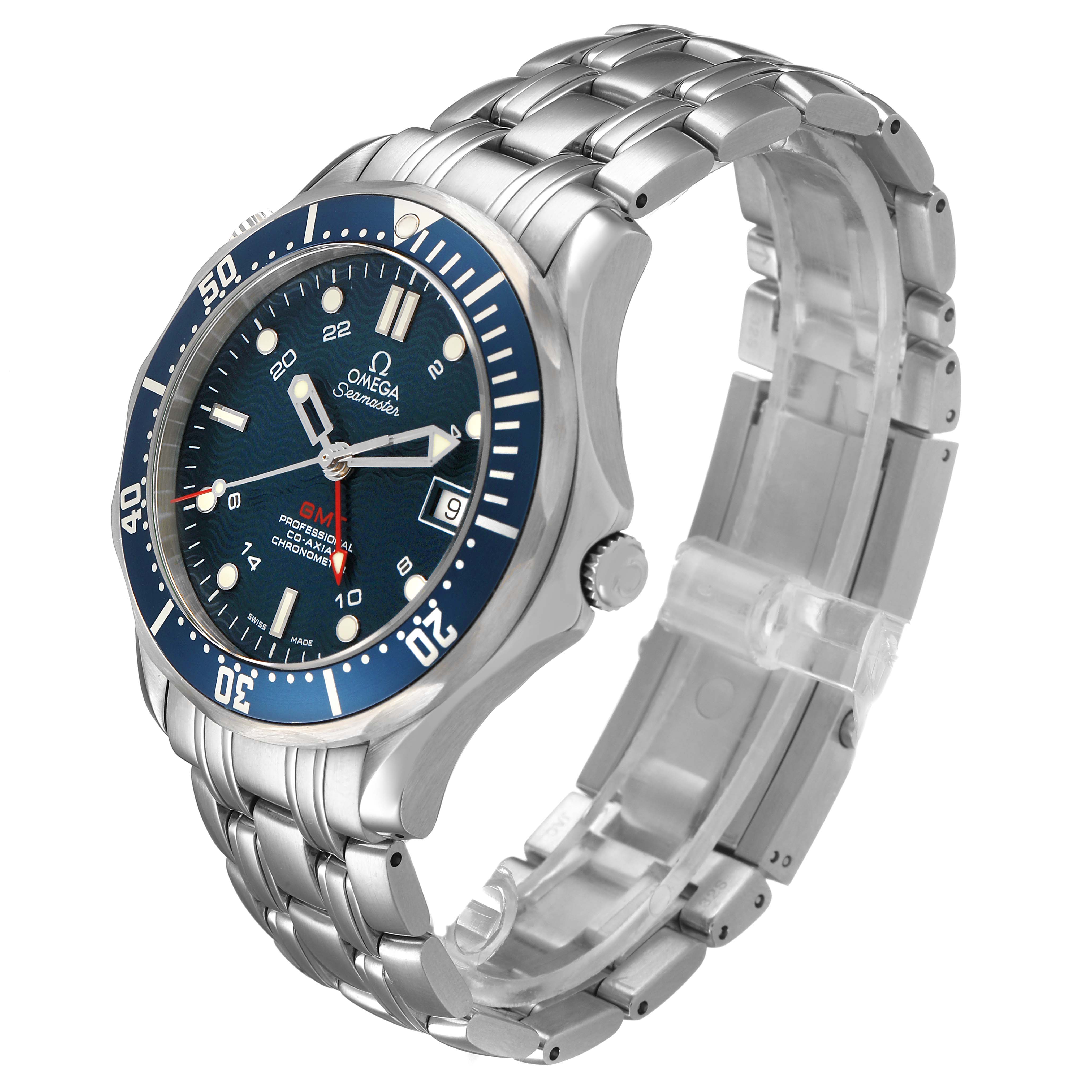 The Omega Seamaster 2535.80.00 Men's Stainless Steel Blue Dial watch is shown at a three-quarter angle, highlighting the face, bezel, case, and bracelet.