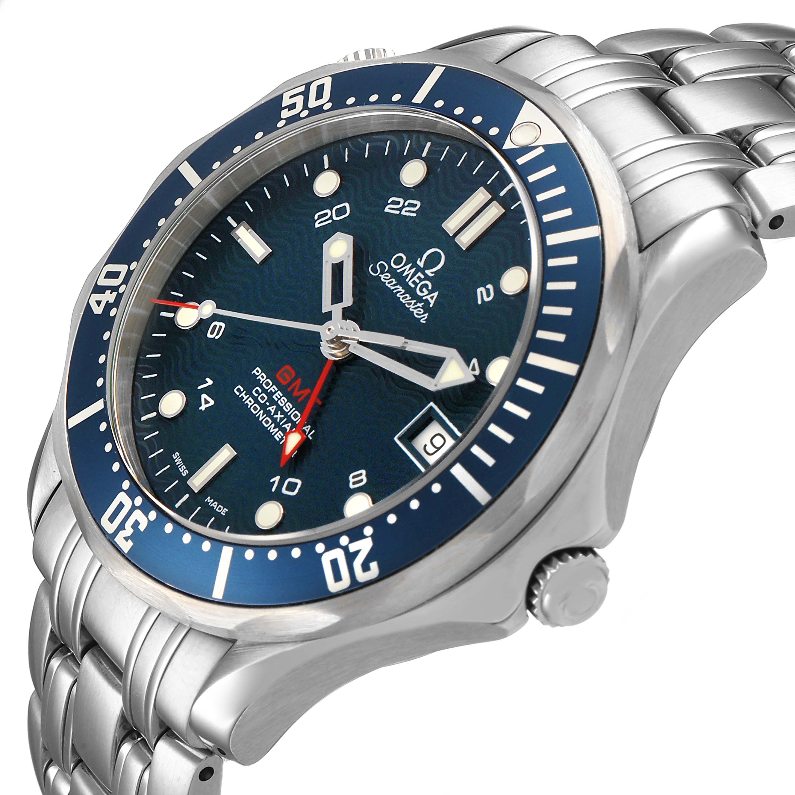 The Omega Seamaster 2535.80.00 Men's Stainless Steel Blue Dial watch is displayed at an oblique angle, showing its blue dial, rotating bezel, crown, and metal bracelet.