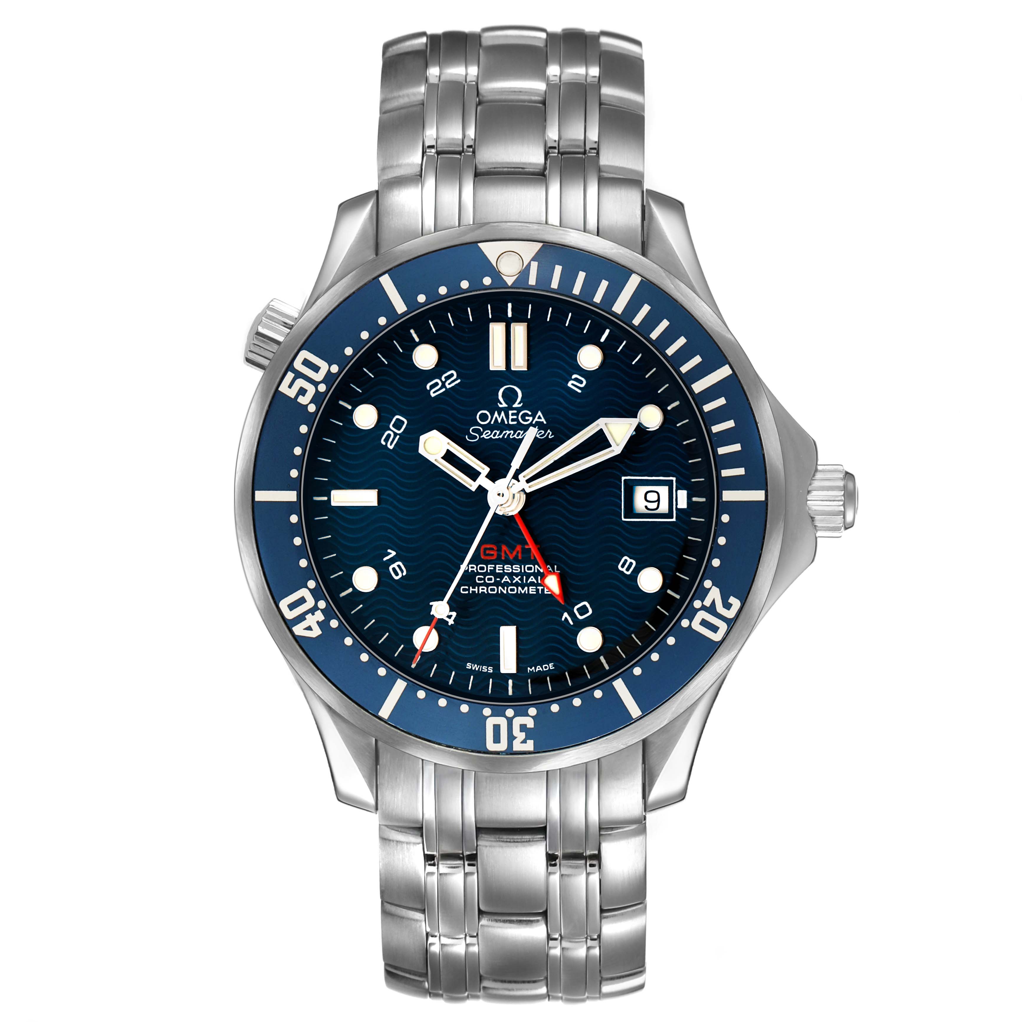 The Omega Seamaster 2535.80.00 Men's Stainless Steel Blue Dial watch is shown from a front view, displaying the dial, bezel, crown, and bracelet.