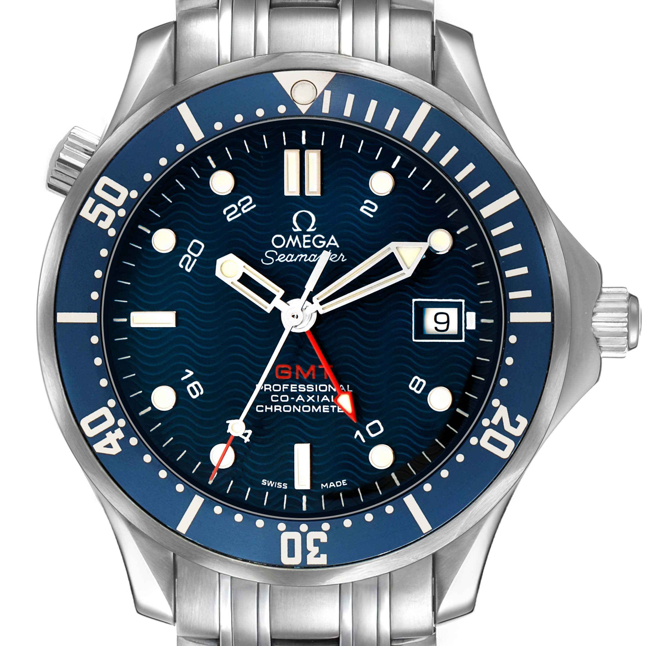 The image shows a front view of the Omega Seamaster 2535.80.00 Men's Stainless Steel Blue Dial watch, highlighting the dial, bezel, hands, crown, and bracelet links.