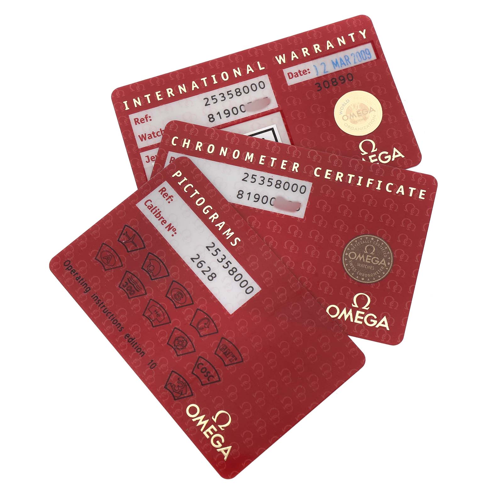 The image shows three Omega Seamaster 2535.80.00 Men's Stainless Steel Blue Dial cards: International Warranty, Chronometer Certificate, and Pictograms.