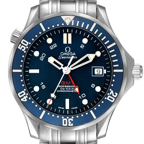 The Omega Seamaster 2535.80.00 Men's Stainless Steel Blue Dial watch is shown from the front, displaying the dial, bezel, hands, and part of the bracelet.