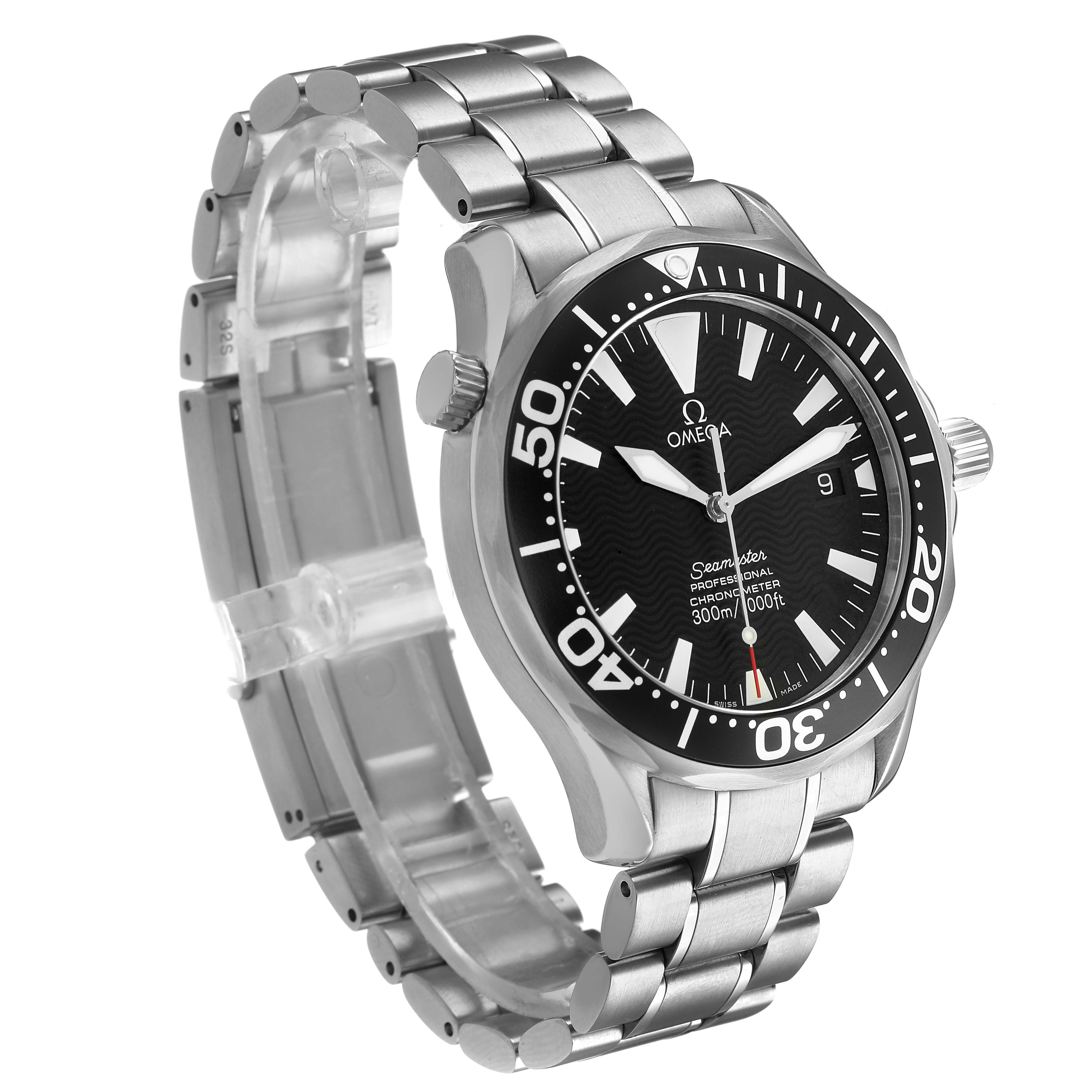 The Omega Seamaster 2254.50.00 Men's Stainless Steel Black Dial watch is shown at a three-quarter angle, displaying the face, bezel, and stainless steel bracelet.
