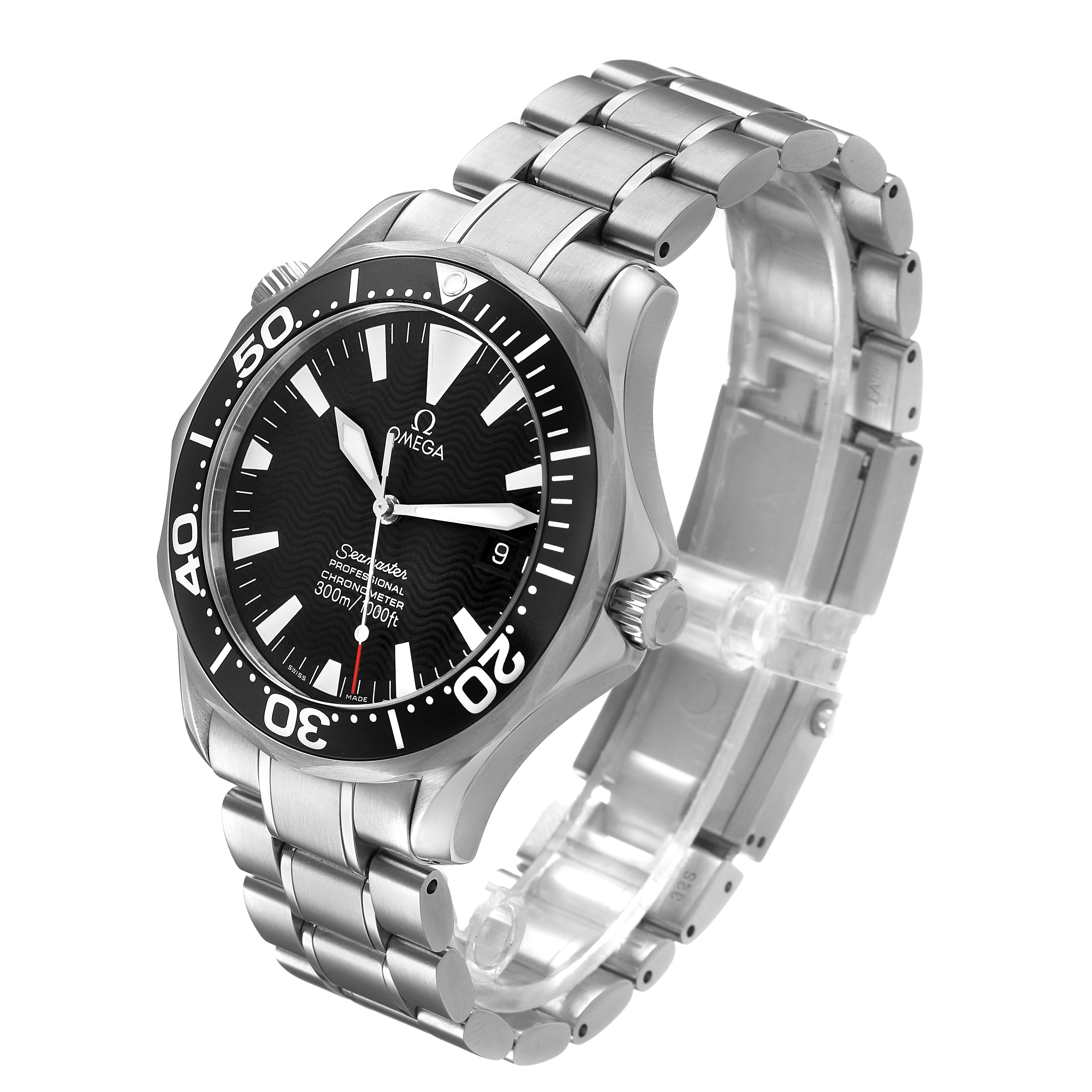 The Omega Seamaster 2254.50.00 Men's Stainless Steel Black Dial is shown at an angle highlighting the face, bezel, and metal bracelet.