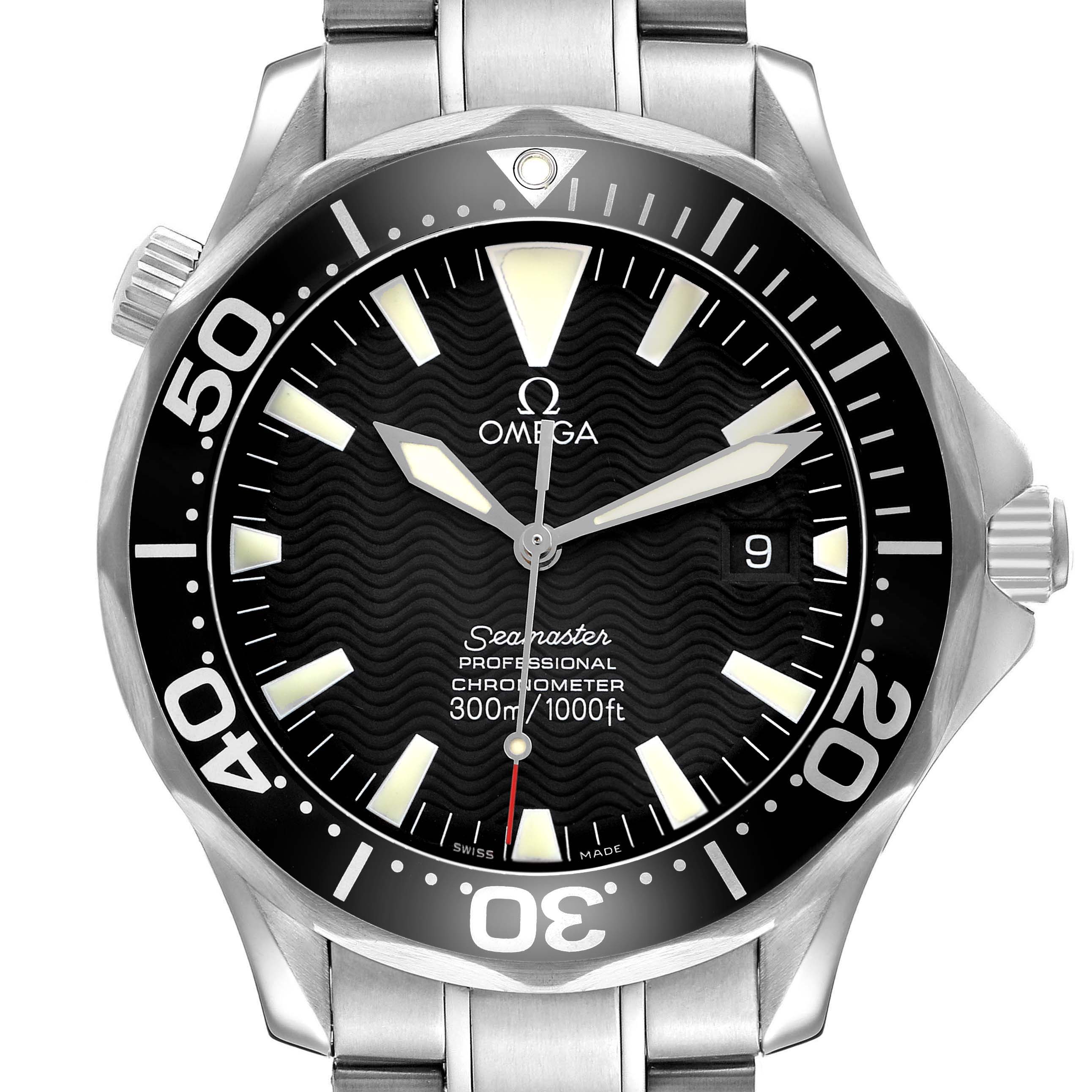 The Omega Seamaster 2254.50.00 Men's Stainless Steel Black Dial watch is shown from the front, displaying its dial, bezel, hands, crown, and part of the bracelet.