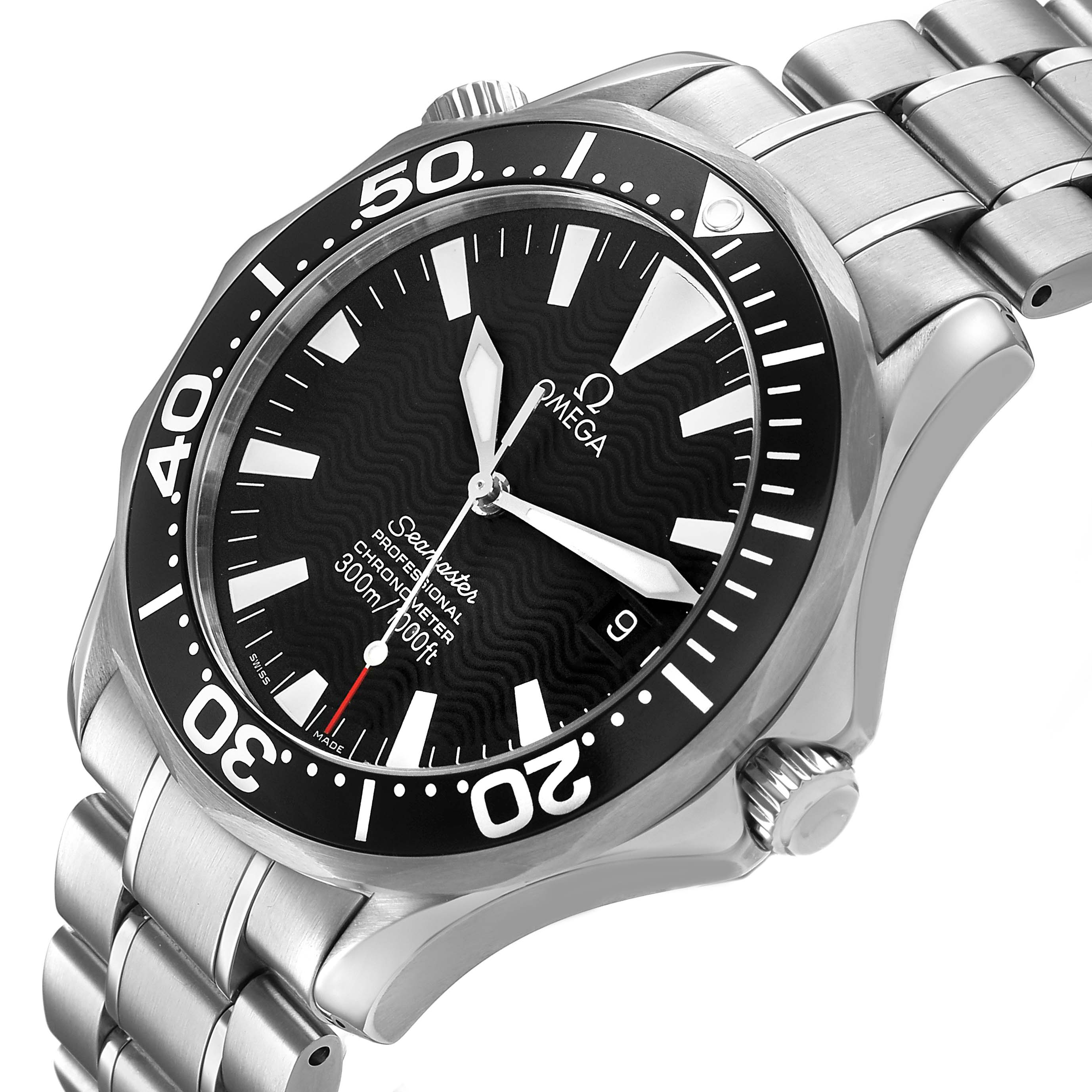 The Omega Seamaster 2254.50.00 Men's Stainless Steel Black Dial watch is shown at an angled view highlighting the dial, bezel, crown, and part of the bracelet.