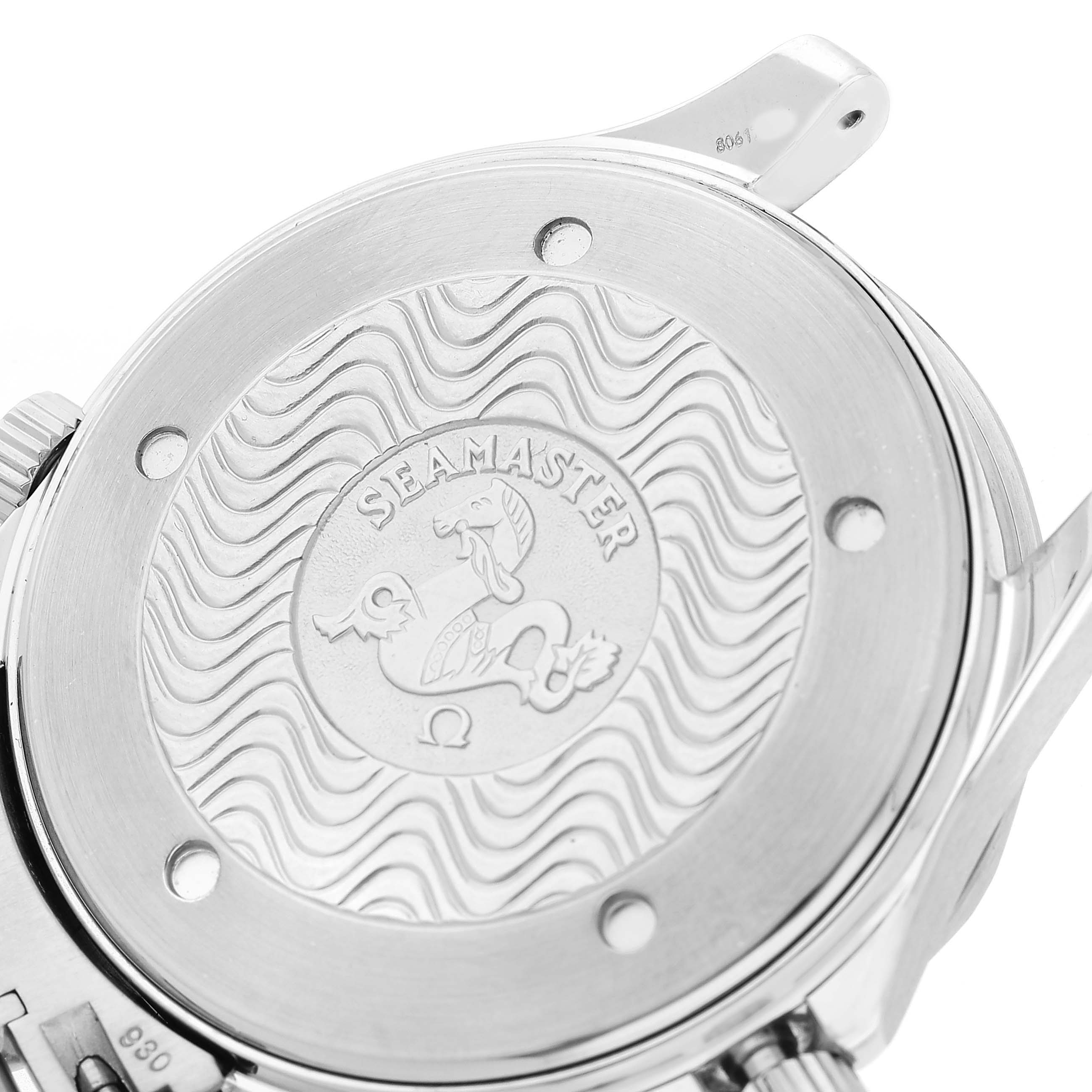 The image shows the back case of the Omega Seamaster 2254.50.00 Men's Stainless Steel Black Dial watch with its embossed logo and wave pattern.