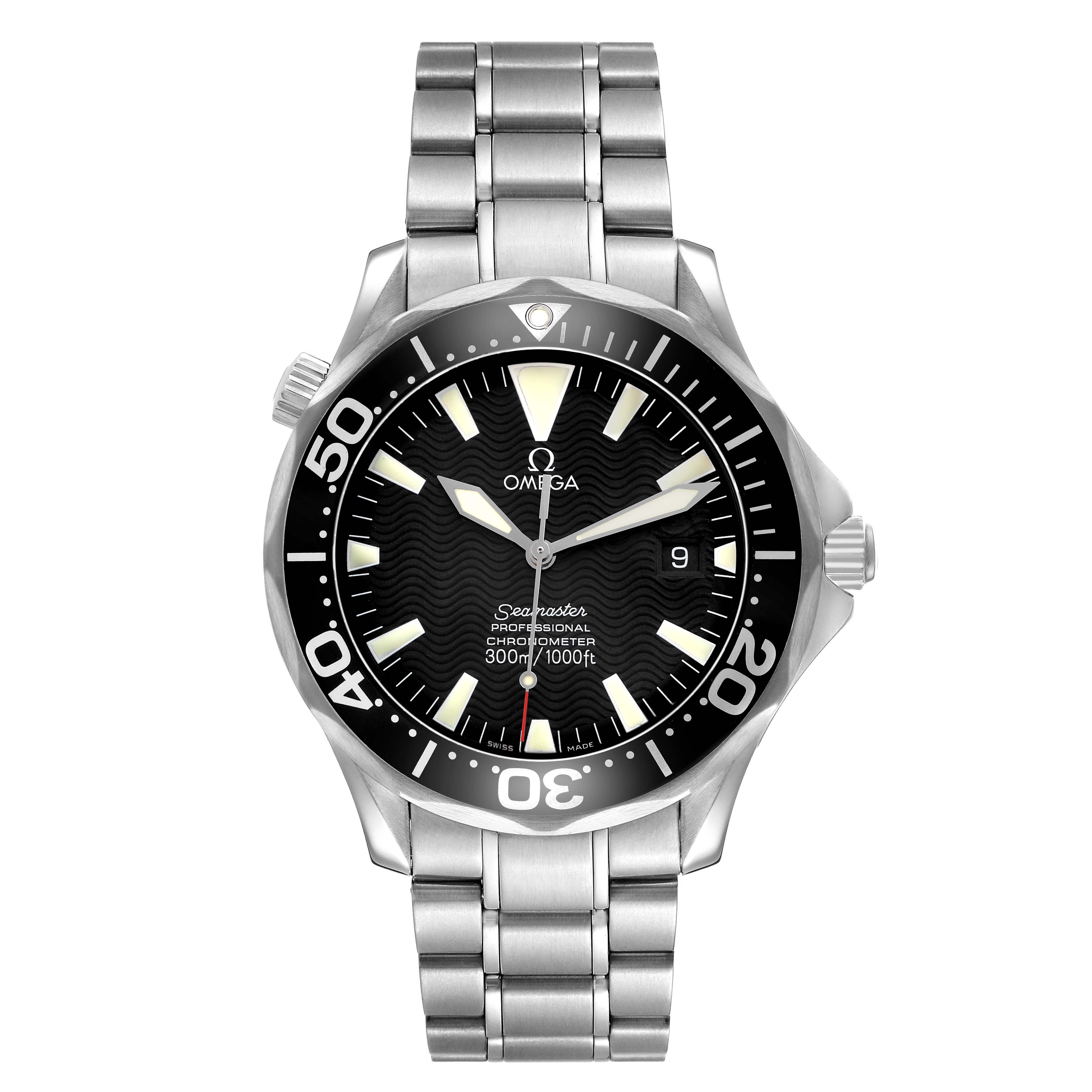 The Omega Seamaster 2254.50.00 Men's Stainless Steel Black Dial watch is shown from the front, displaying its face, bezel, and metal bracelet.