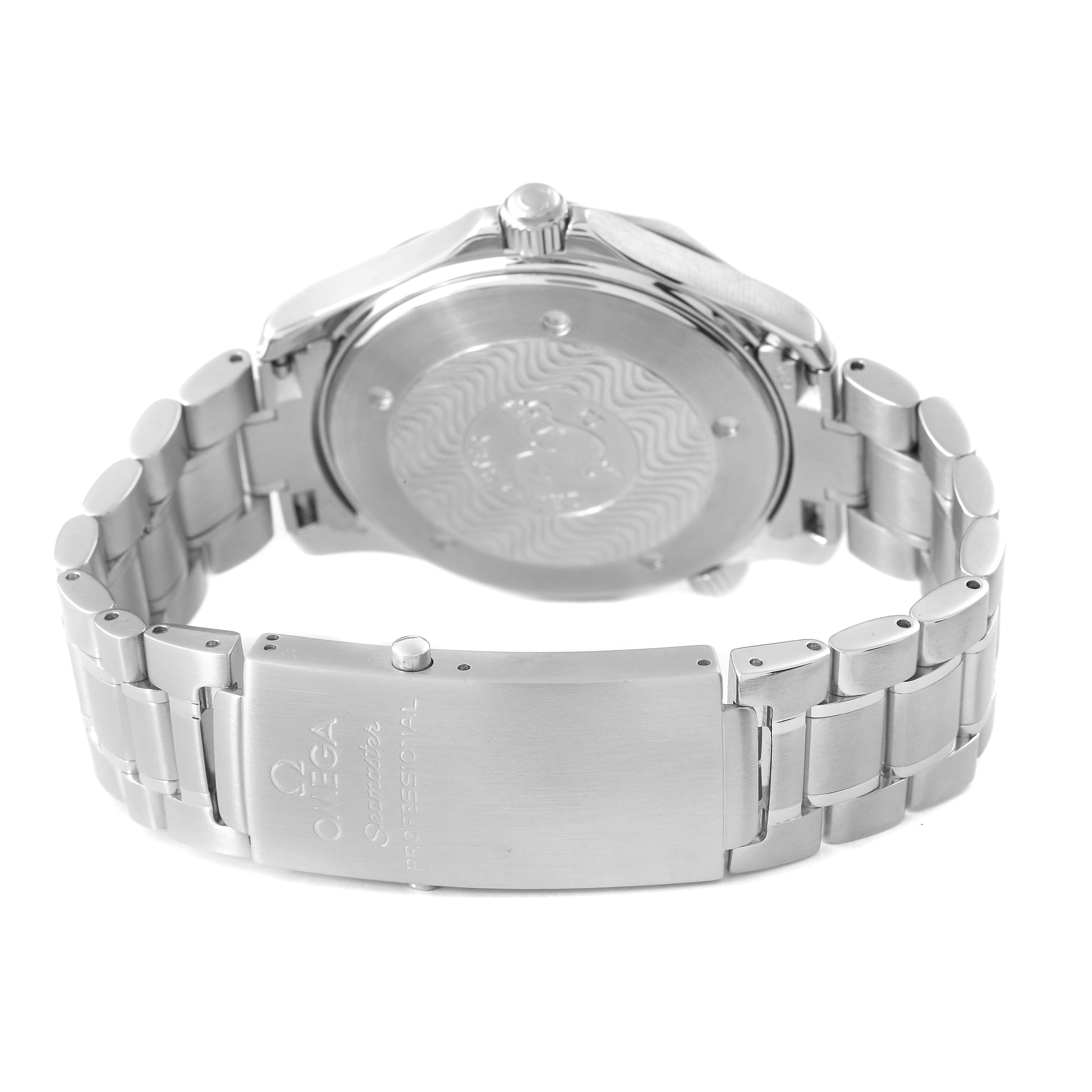 The Omega Seamaster 2254.50.00 Men's Stainless Steel Black Dial watch is shown from the back, highlighting the case back, bracelet, and clasp.