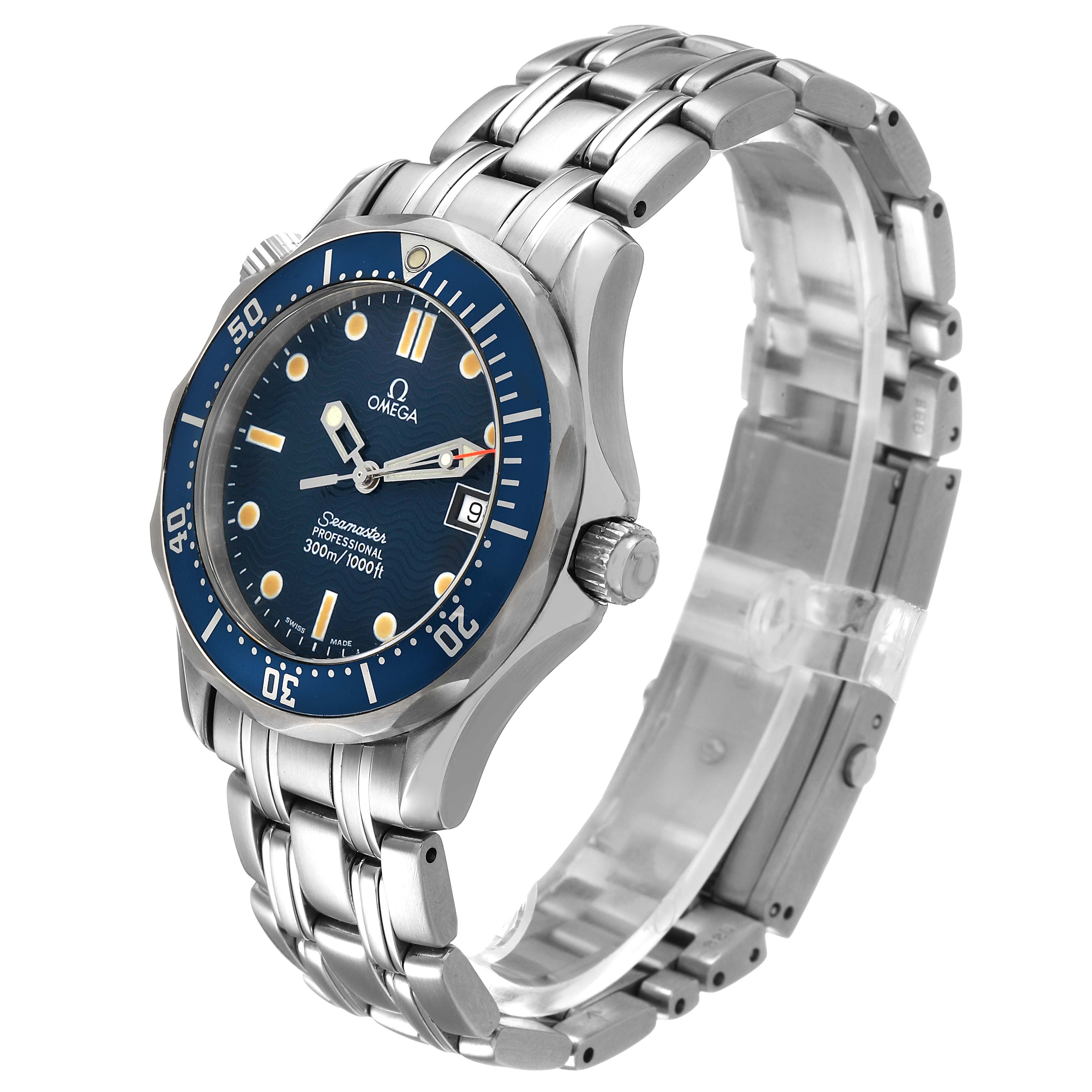 The Omega Seamaster 2561.80.00 Men's Stainless Steel Blue Dial watch is shown at an angle highlighting the face, bezel, crown, and stainless steel bracelet.