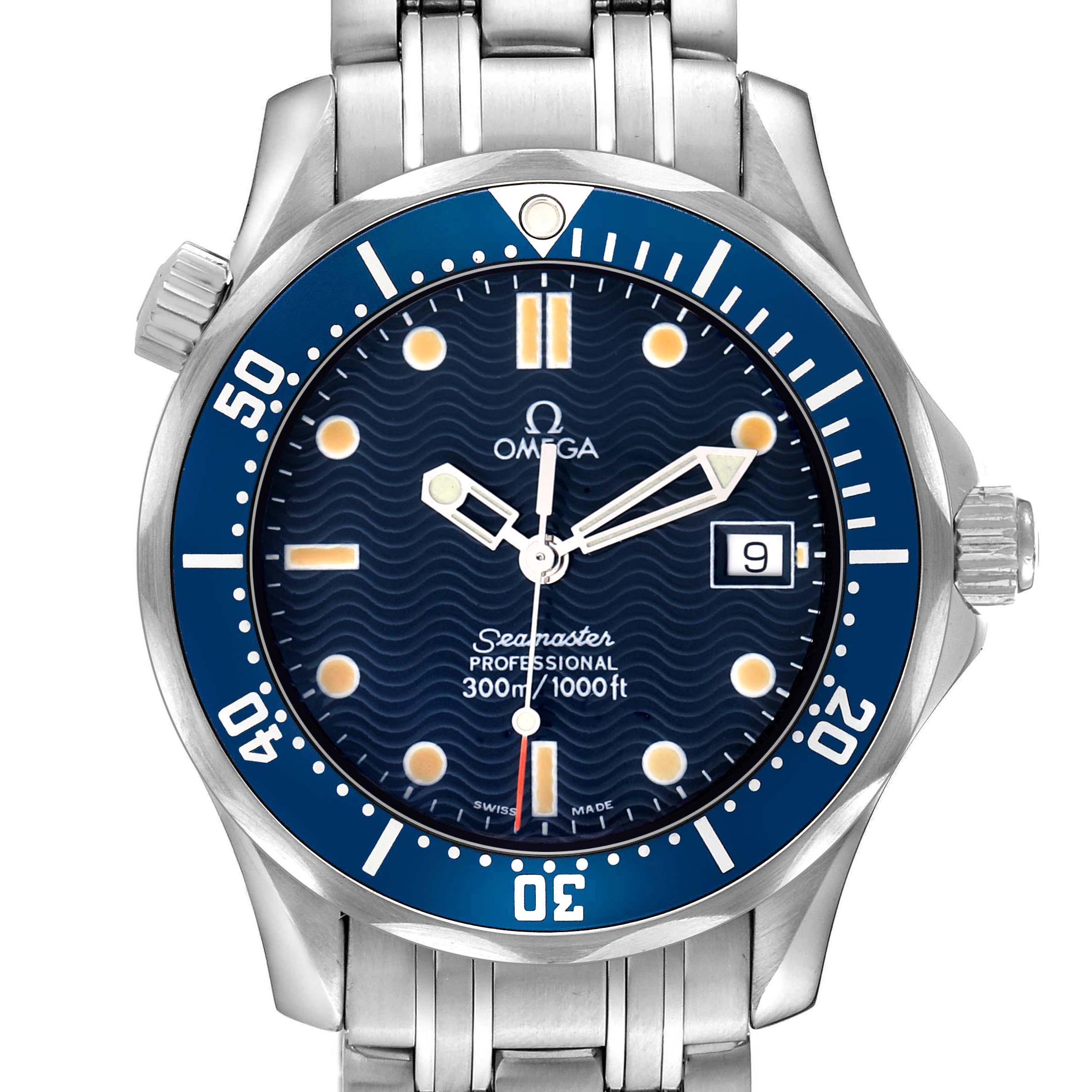 The image shows a front angle of the Omega Seamaster 2561.80.00 Men's Stainless Steel Blue Dial watch, highlighting the blue dial, bezel, and date window.
