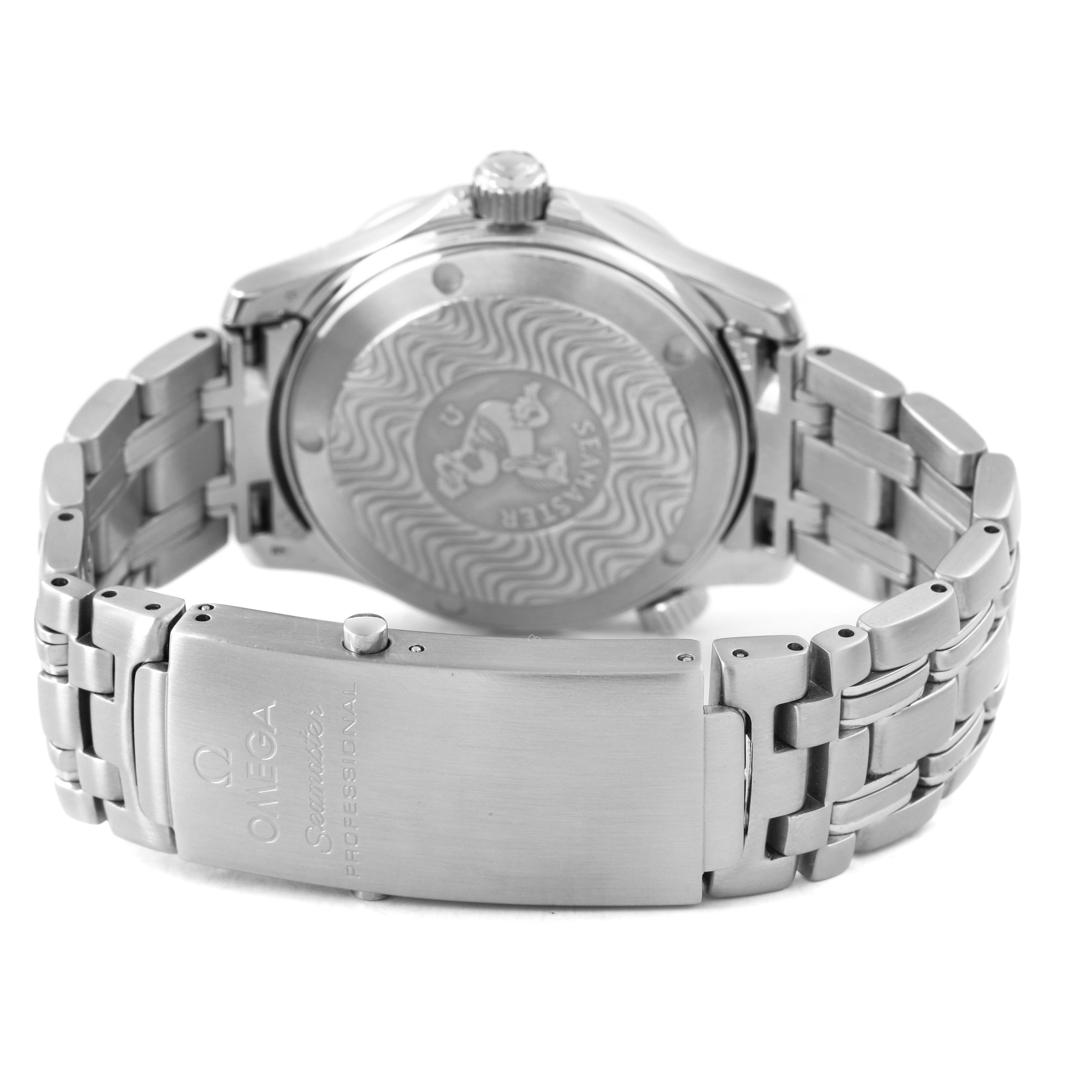 The image shows the back case and bracelet of an Omega Seamaster 2561.80.00 Men's Stainless Steel Blue Dial watch, highlighting the clasp and case back engravings.