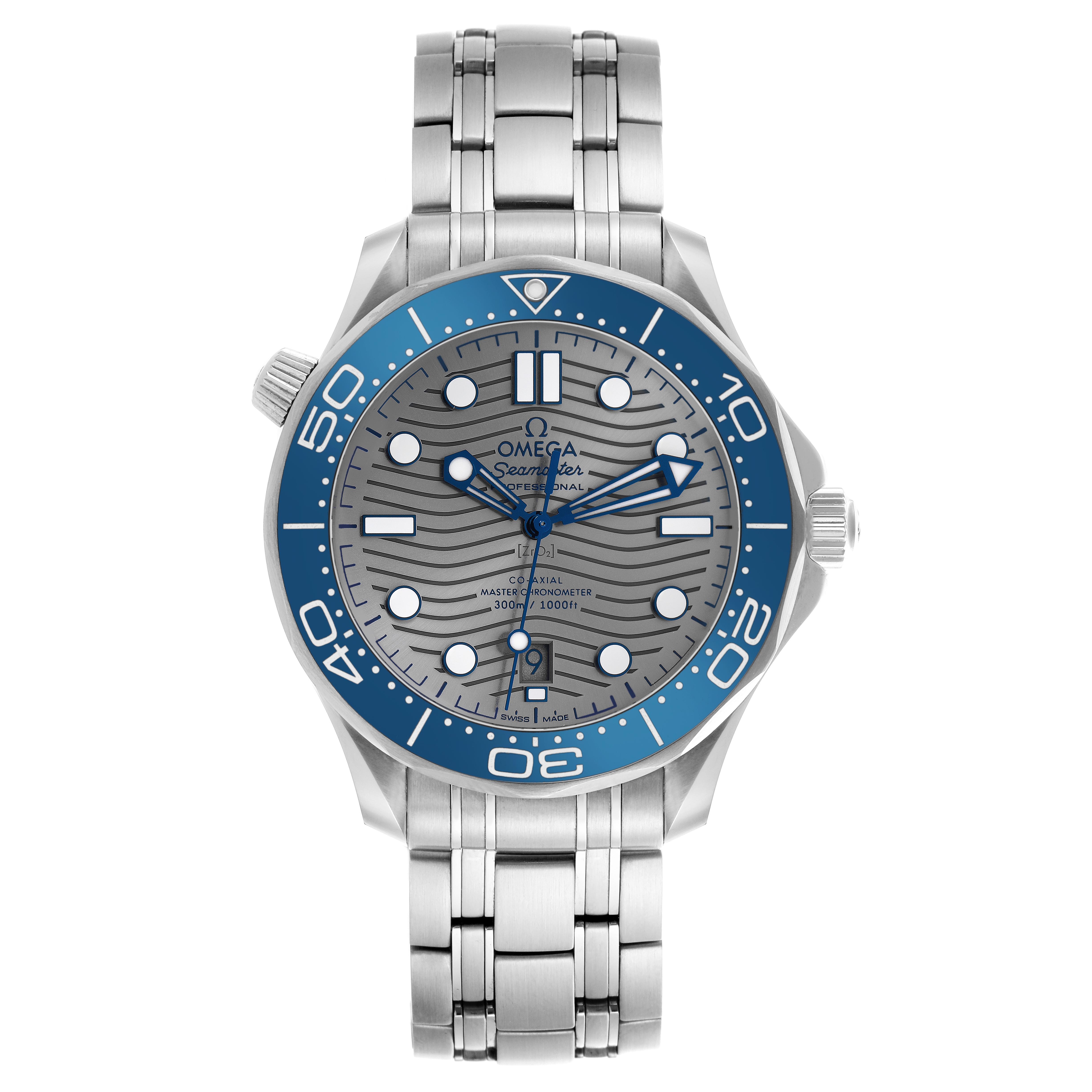 The Omega Seamaster 210.30.42.20.06.001 Men's Stainless Steel Grey Dial 210.30.42.20.06.001 Men's Stainless Steel Grey Dial watch is shown from a top-down angle, highlighting the face, bezel, and metal bracelet.