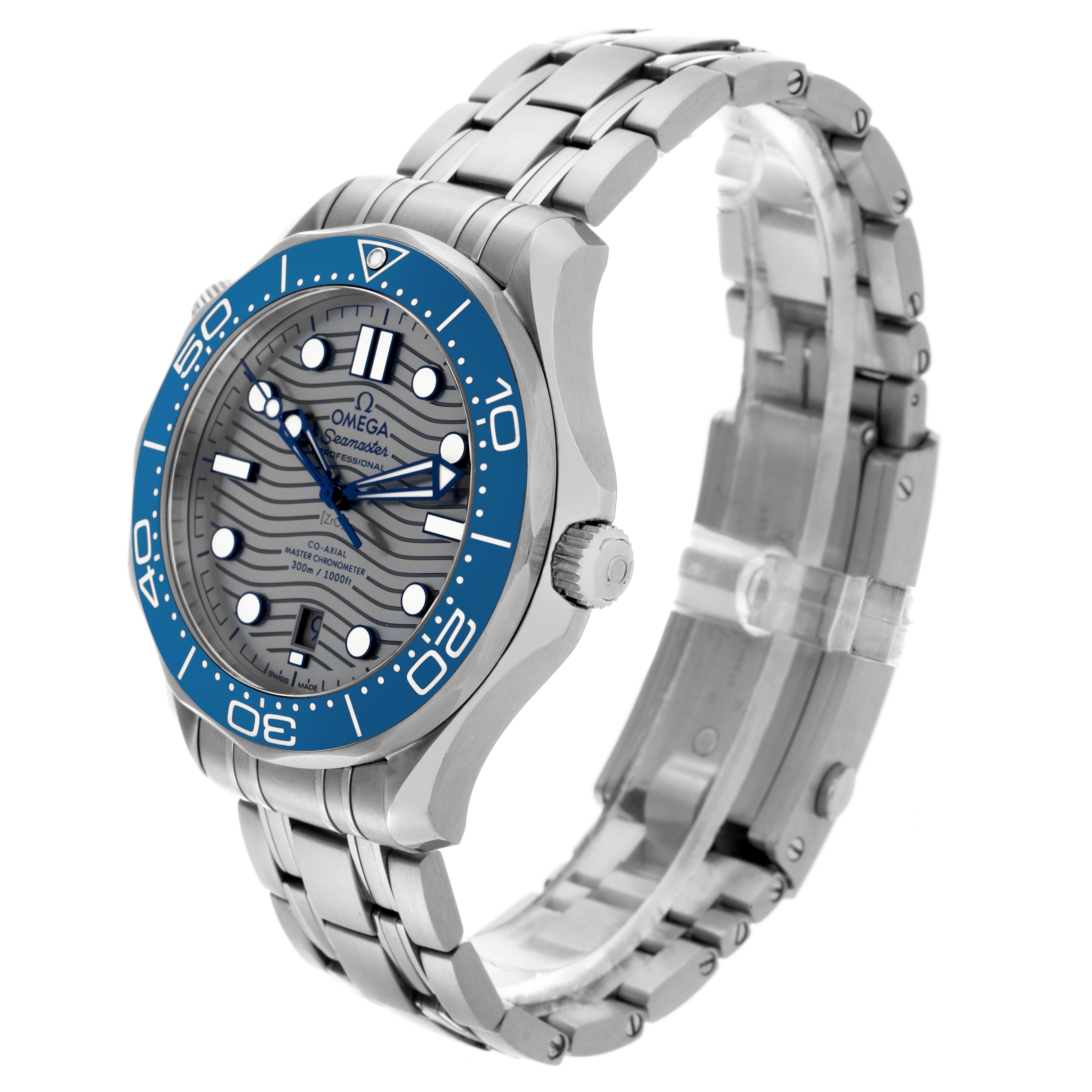 The Omega Seamaster 210.30.42.20.06.001 Men's Stainless Steel Grey Dial 210.30.42.20.06.001 Men's Stainless Steel Grey Dial watch is shown at an angle highlighting the face, bezel, crown, and metal bracelet.