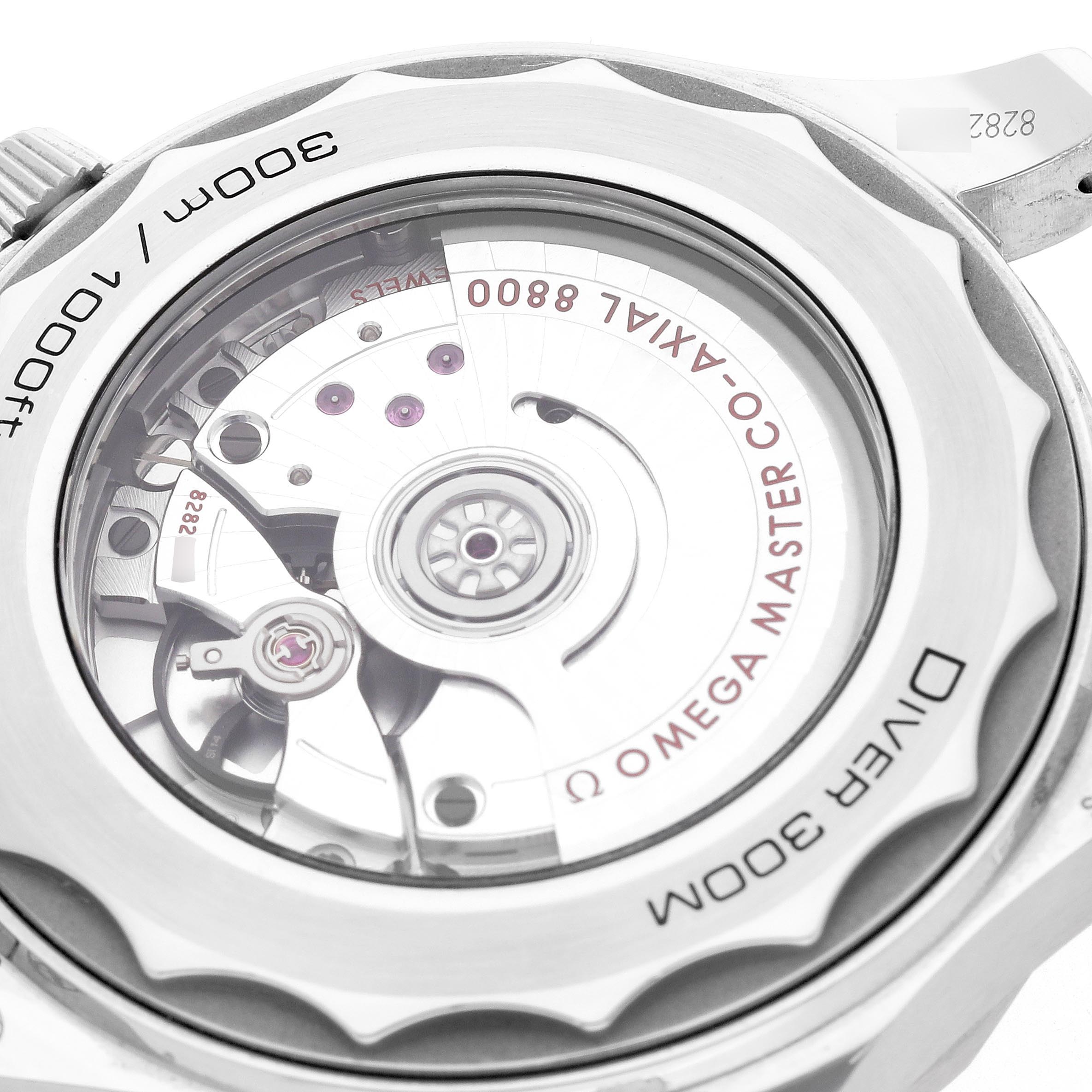 The image shows the back of the Omega Seamaster 210.30.42.20.06.001 Men's Stainless Steel Grey Dial 210.30.42.20.06.001 Men's Stainless Steel Grey Dial watch, highlighting the internal movement and mechanisms.