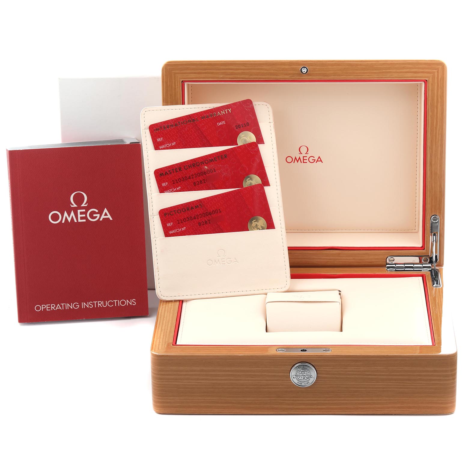 The image shows an Omega Seamaster 210.30.42.20.06.001 Men's Stainless Steel Grey Dial 210.30.42.20.06.001 Men's Stainless Steel Grey Dial watch box, warranty cards, and operating instructions, viewed from the front.