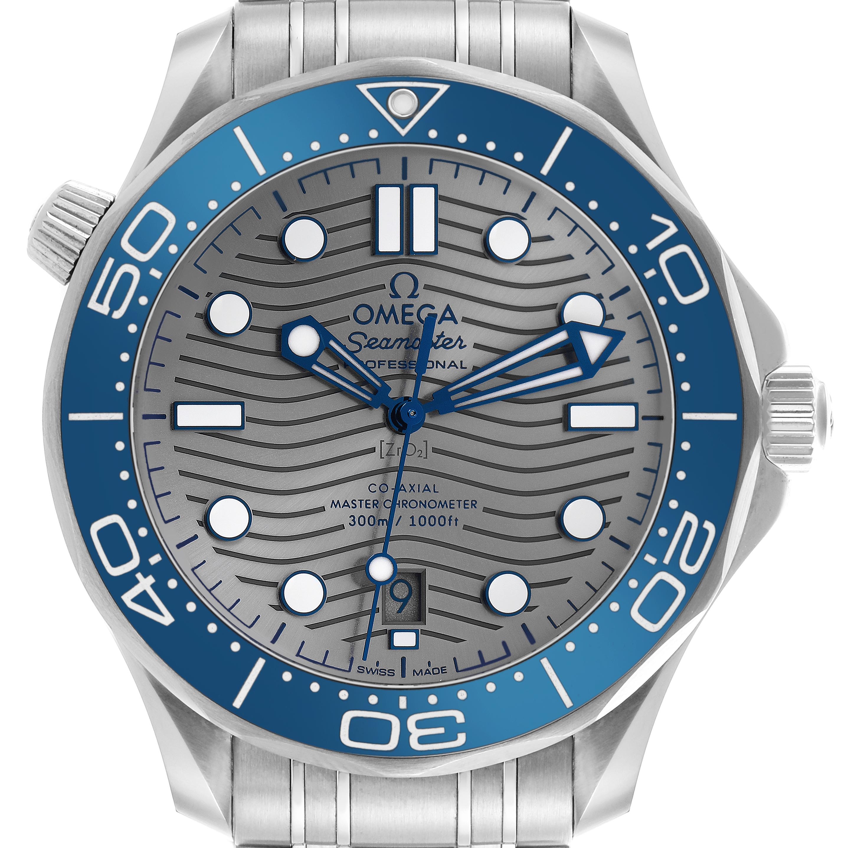 The Omega Seamaster 210.30.42.20.06.001 Men's Stainless Steel Grey Dial 210.30.42.20.06.001 Men's Stainless Steel Grey Dial watch is shown from a front angle, highlighting the dial, bezel, and hands.