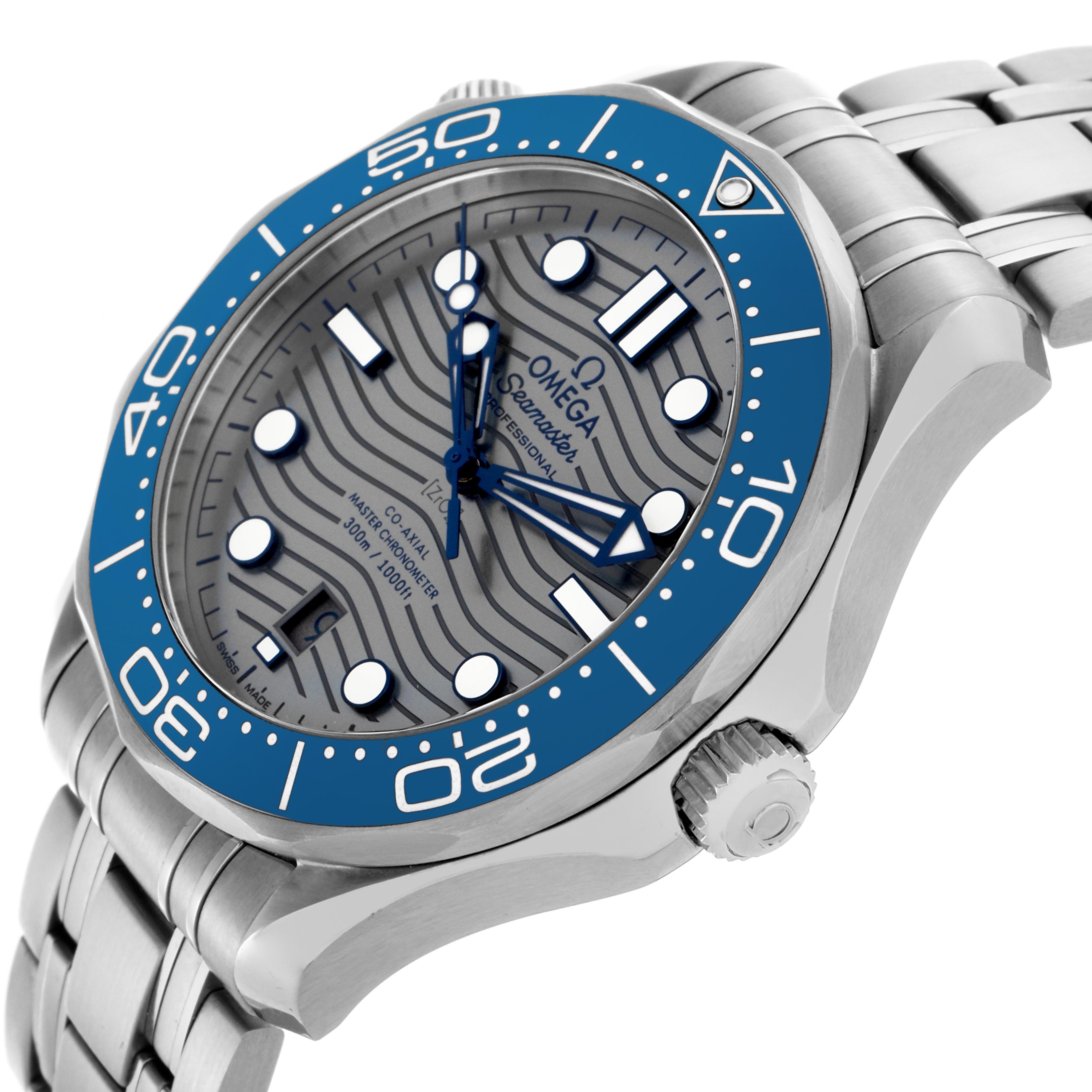 The Omega Seamaster 210.30.42.20.06.001 Men's Stainless Steel Grey Dial 210.30.42.20.06.001 Men's Stainless Steel Grey Dial watch is shown at an angle highlighting the face, bezel, bracelet, and crown, with a focus on its blue accents.