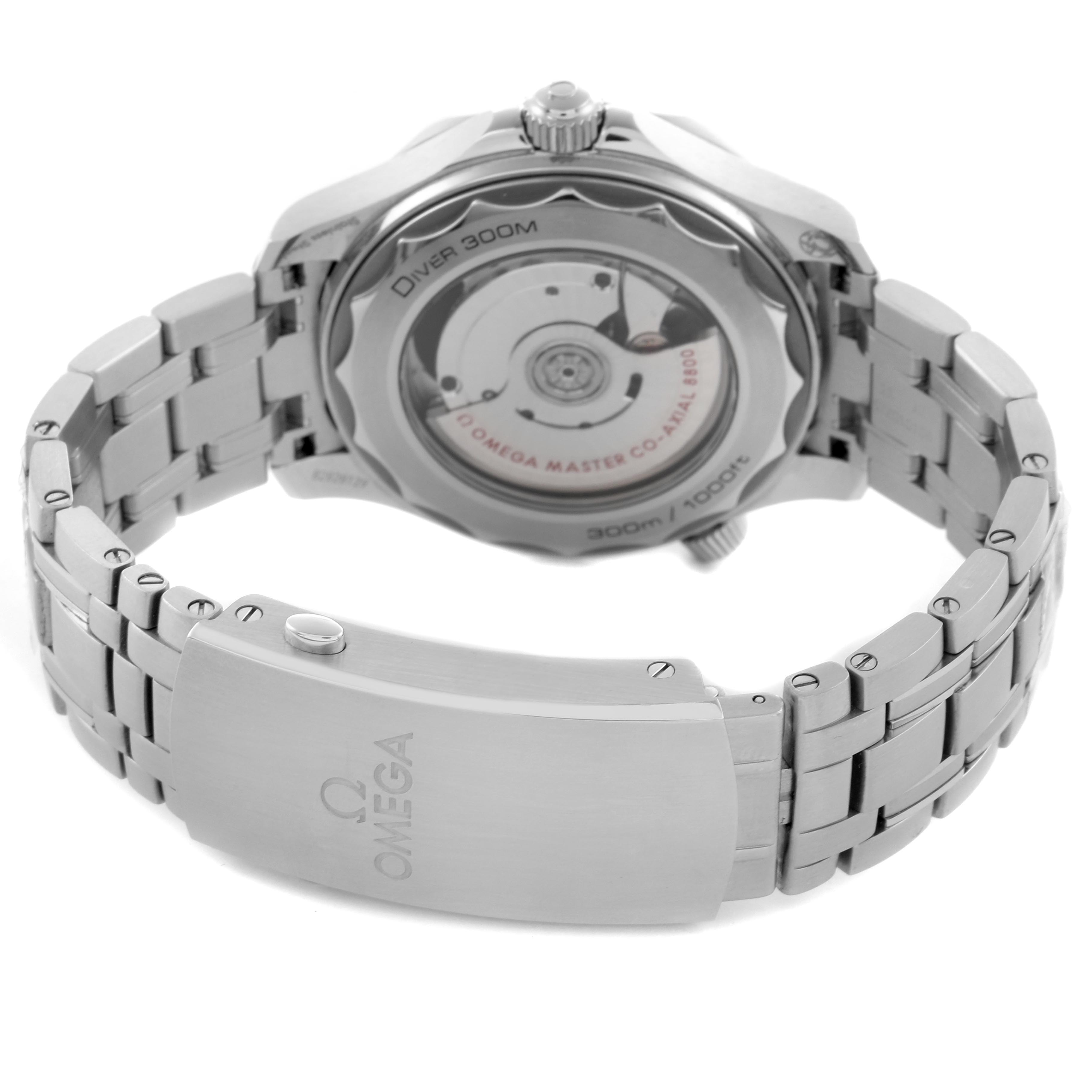 The Omega Seamaster 210.30.42.20.06.001 Men's Stainless Steel Grey Dial 210.30.42.20.06.001 Men's Stainless Steel Grey Dial watch is shown from the back, displaying the movement and clasp with engraved logo.