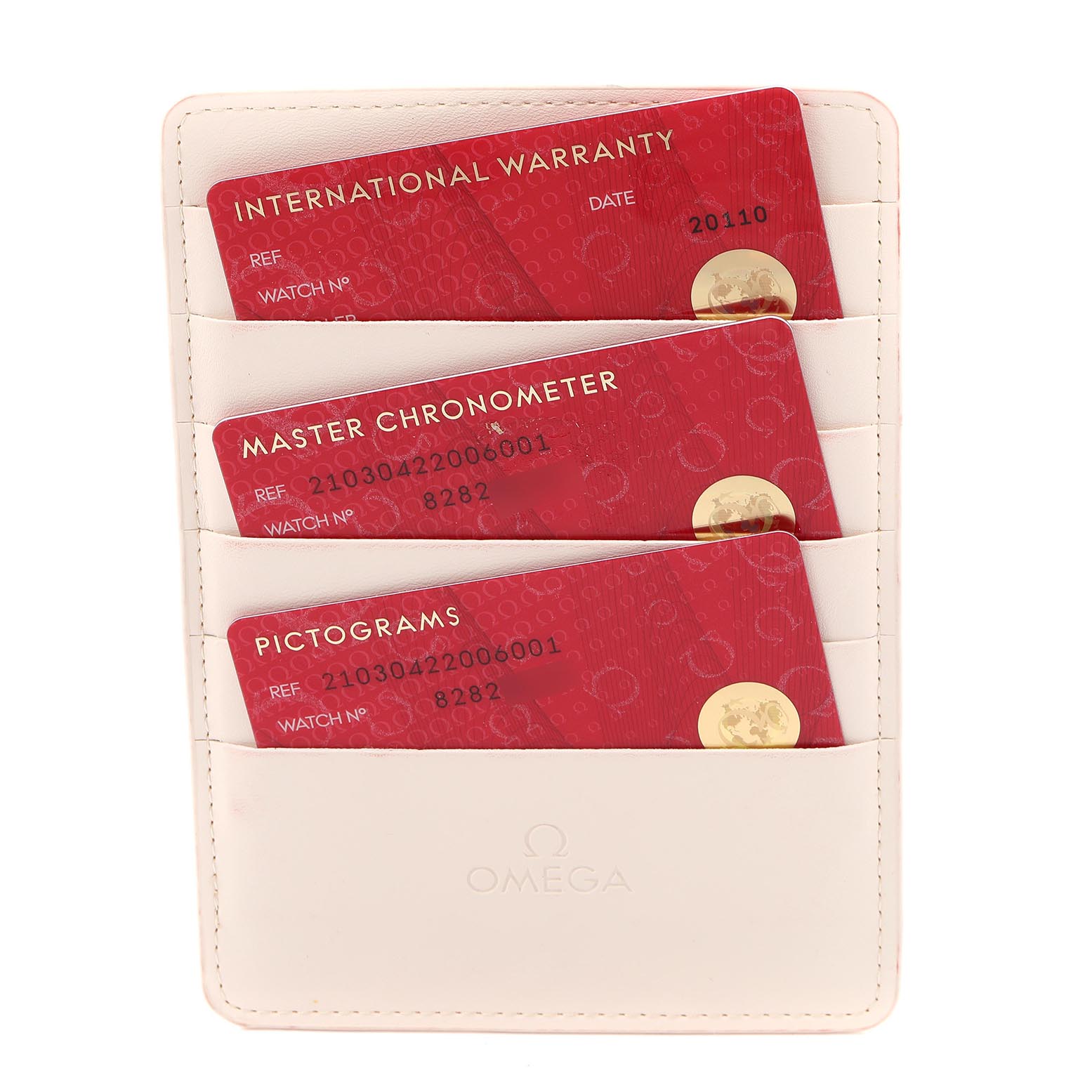 The image shows Omega Seamaster 210.30.42.20.06.001 Men's Stainless Steel Grey Dial 210.30.42.20.06.001 Men's Stainless Steel Grey Dial warranty cards in a white cardholder, viewed from the front.