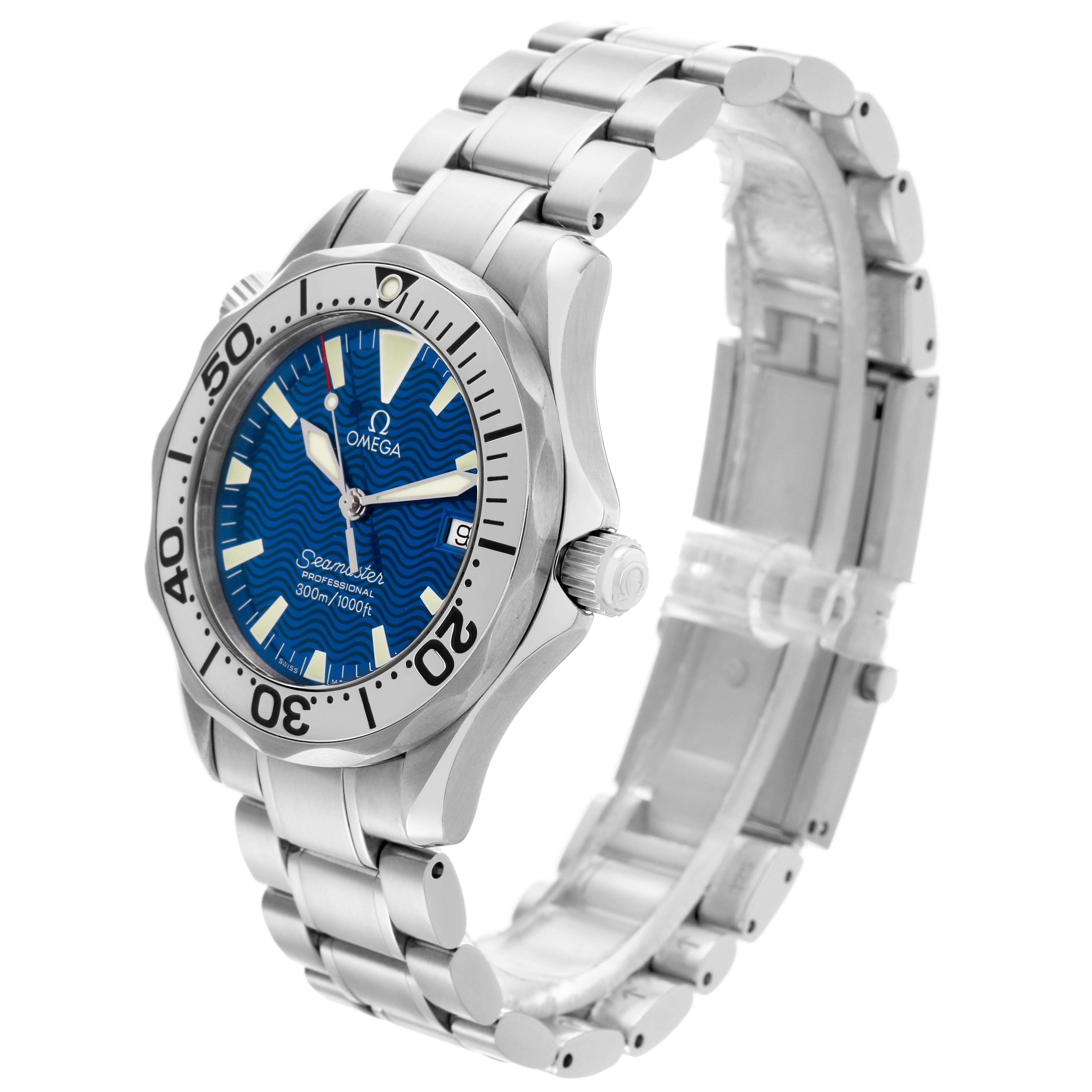 The Omega Seamaster 2263.80.00 Men's Stainless Steel Blue Dial 2263.80.00 Men's Stainless Steel Blue Dial watch is shown at a three-quarter angle, highlighting the face, bezel, crown, and bracelet.
