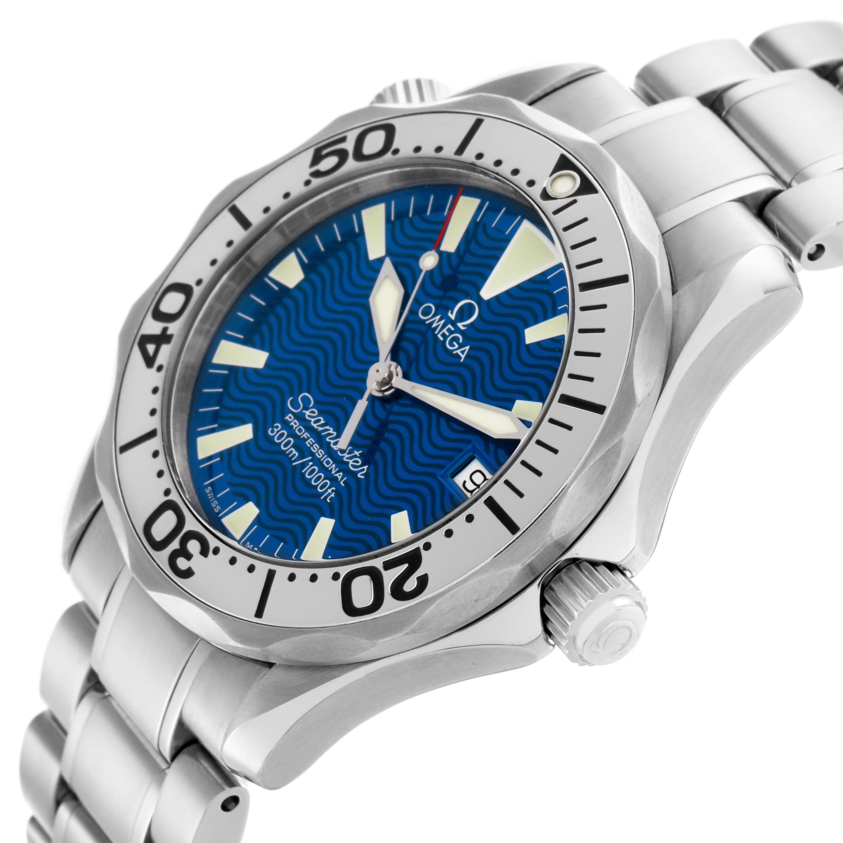 The Omega Seamaster 2263.80.00 Men's Stainless Steel Blue Dial 2263.80.00 Men's Stainless Steel Blue Dial watch is shown at an angle highlighting its blue dial, bezel, crown, and stainless steel bracelet.