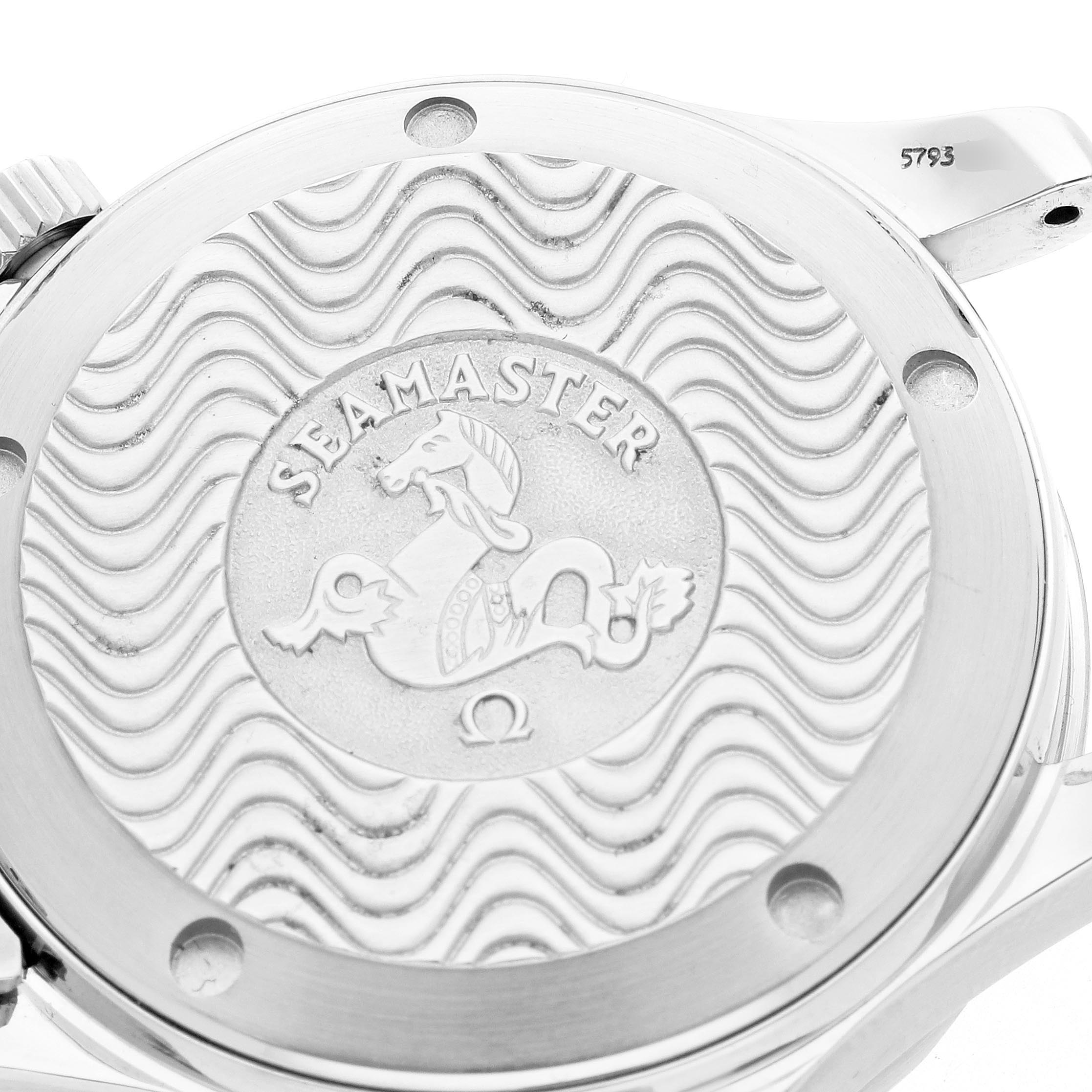 The image shows the case back of an Omega Seamaster 2263.80.00 Men's Stainless Steel Blue Dial 2263.80.00 Men's Stainless Steel Blue Dial watch, featuring an embossed seahorse and wave pattern.