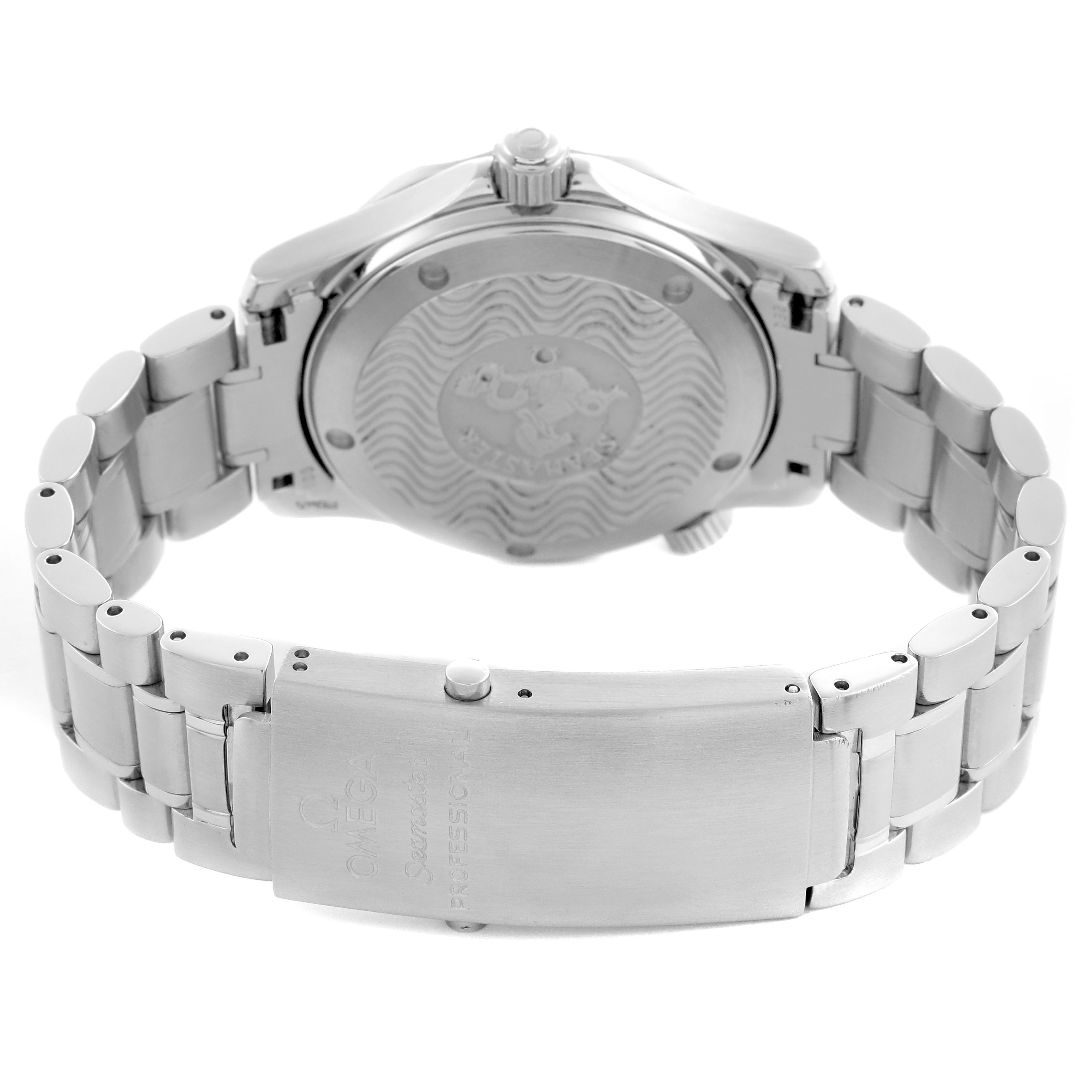 The Omega Seamaster 2263.80.00 Men's Stainless Steel Blue Dial 2263.80.00 Men's Stainless Steel Blue Dial watch is shown from the back, highlighting the case back, bracelet, and clasp.