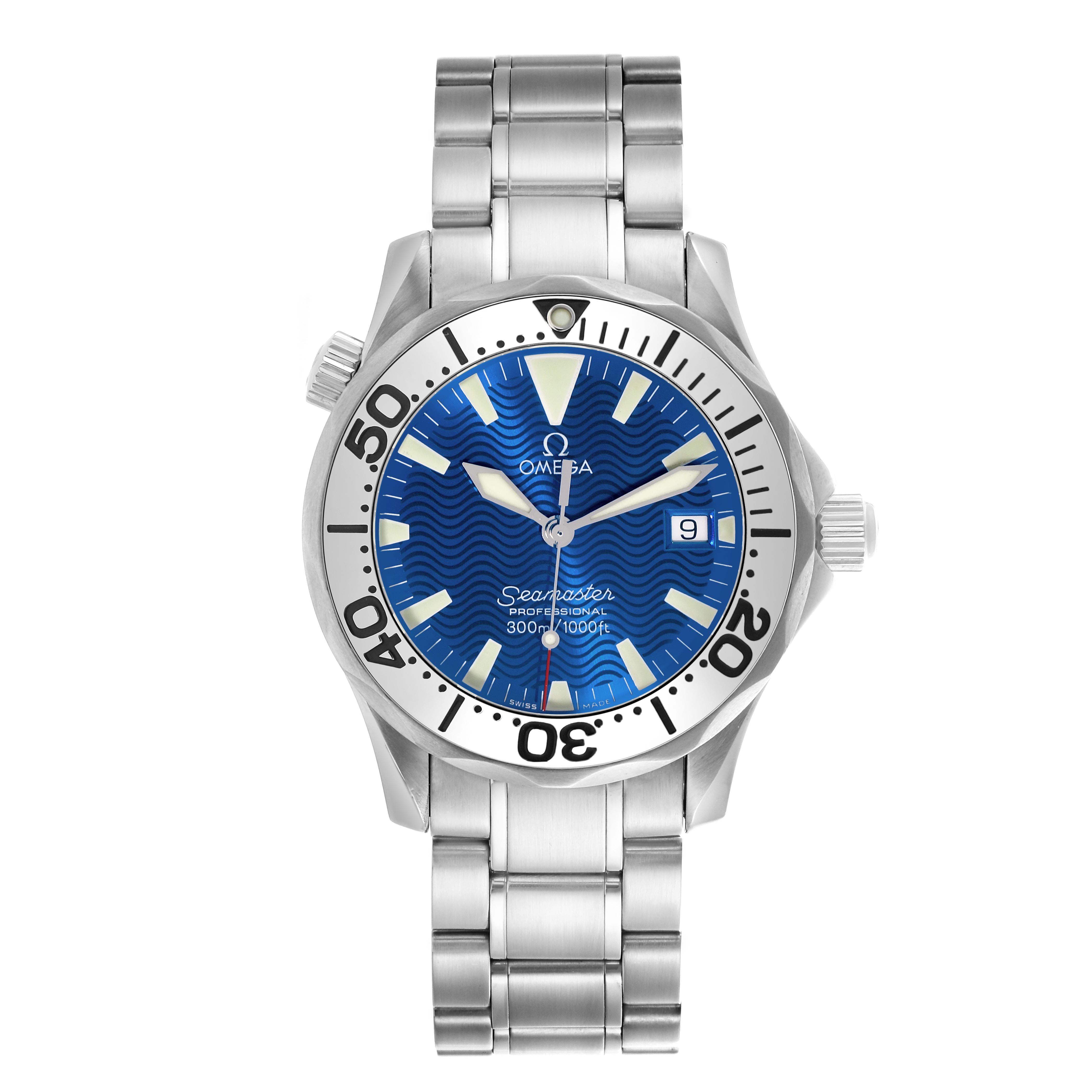 The Omega Seamaster 2263.80.00 Men's Stainless Steel Blue Dial 2263.80.00 Men's Stainless Steel Blue Dial watch is shown from a front angle, highlighting its blue dial, bezel, and metal bracelet.