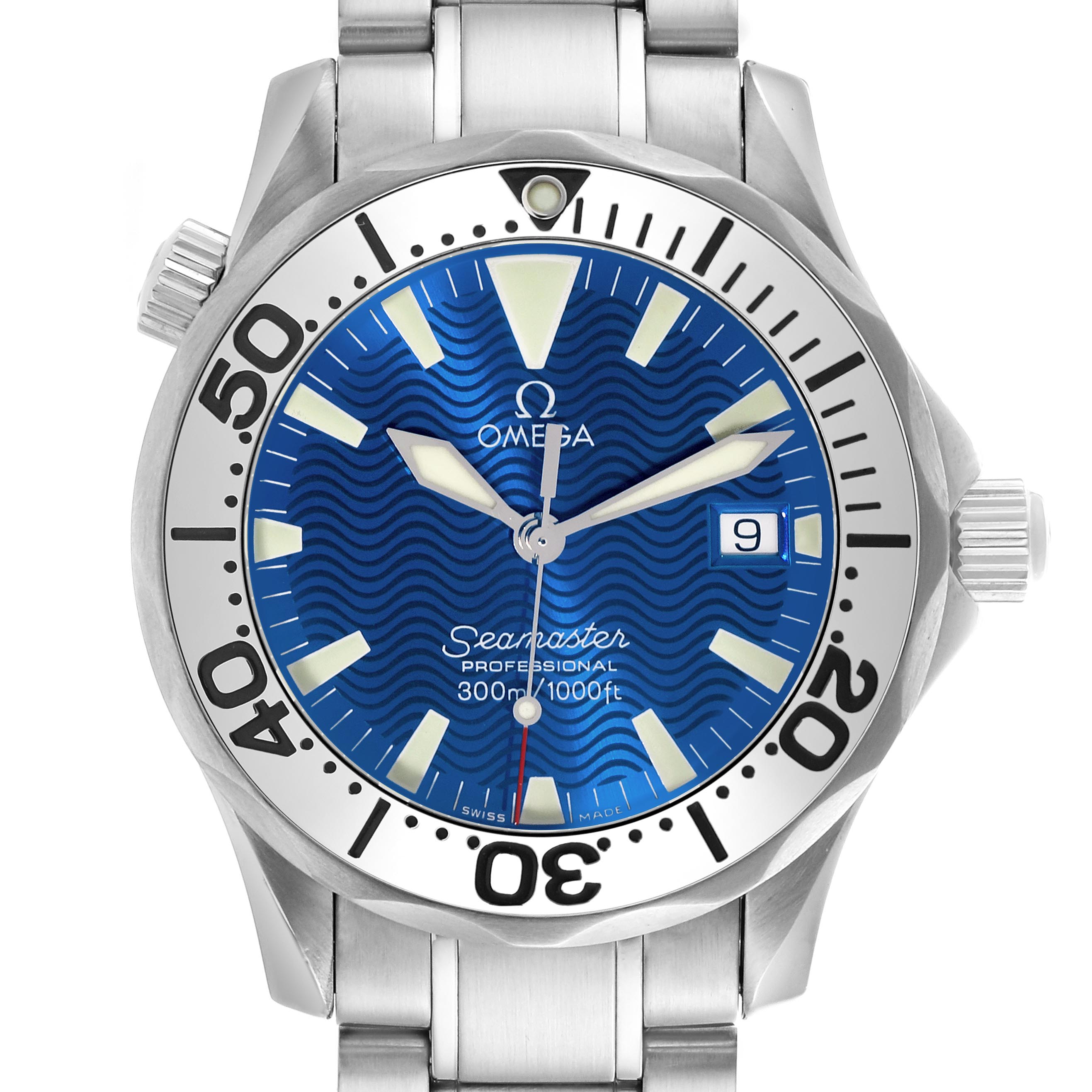 The Omega Seamaster 2263.80.00 Men's Stainless Steel Blue Dial 2263.80.00 Men's Stainless Steel Blue Dial watch is shown from the front, displaying the dial, bezel, hands, date window, and part of the bracelet.