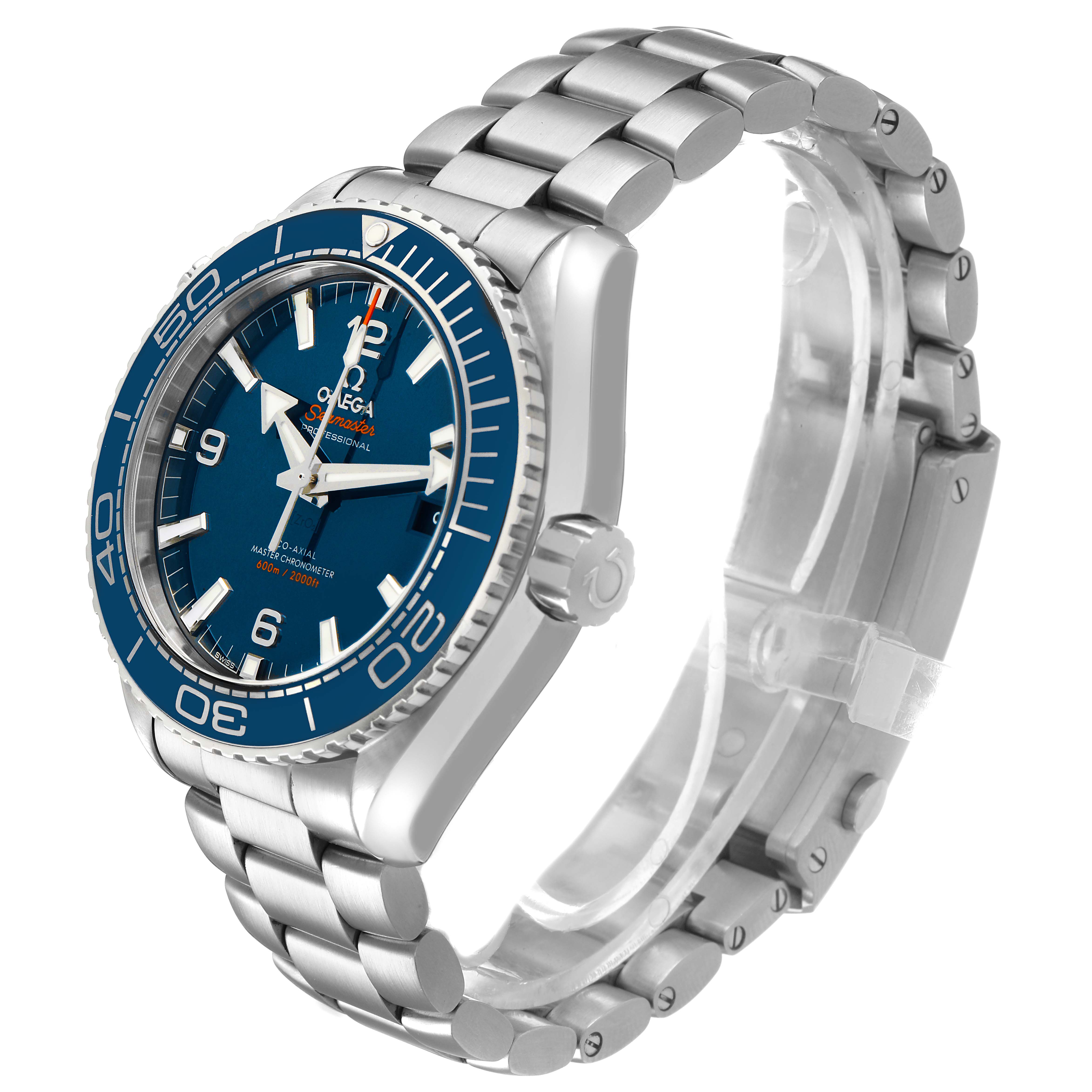 The Omega Planet Ocean 215.30.44.21.03.001 Men's Stainless Steel Blue Dial watch is shown at a three-quarter angle, displaying the face, bezel, crown, and bracelet.