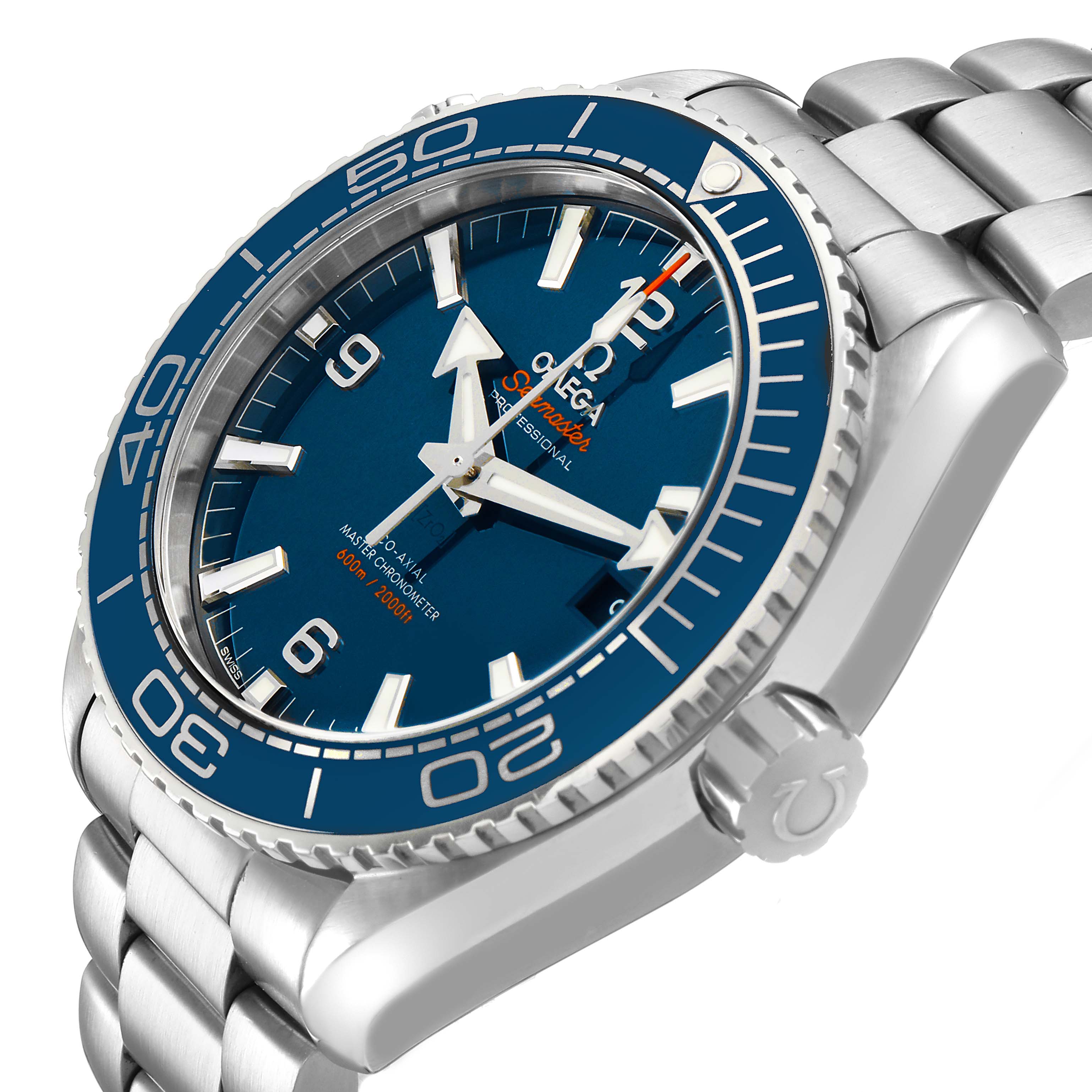 The Omega Planet Ocean 215.30.44.21.03.001 Men's Stainless Steel Blue Dial watch is shown at an angled side view highlighting the bezel, dial, and bracelet.