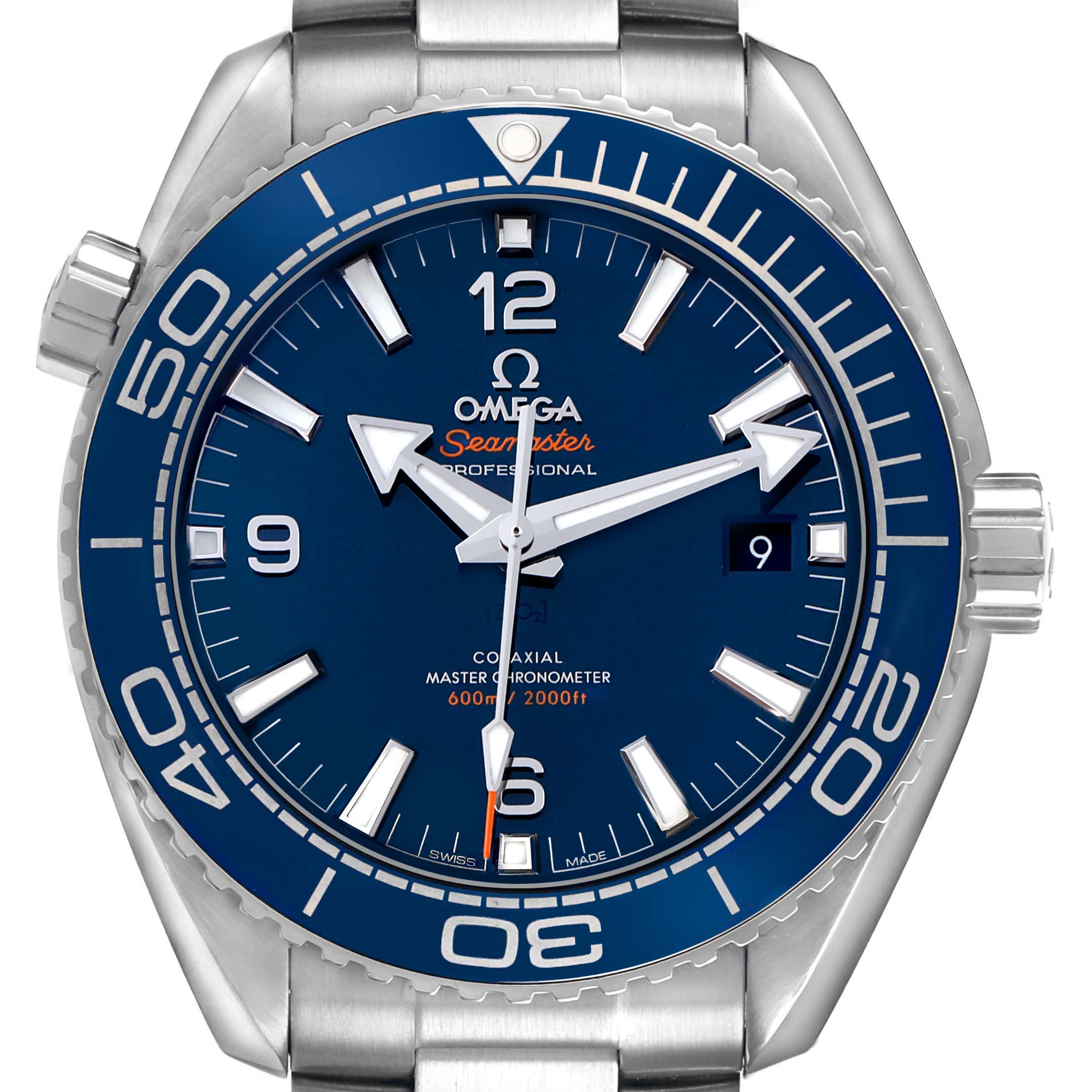 The Omega Planet Ocean 215.30.44.21.03.001 Men's Stainless Steel Blue Dial watch is shown from the front, displaying the dial, bezel, and part of the bracelet.