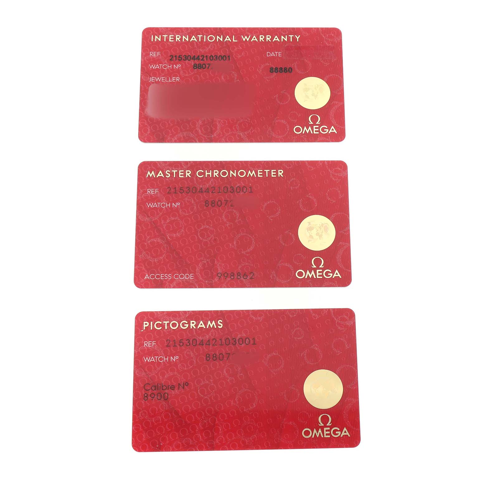 The image shows three red cards for the Omega Planet Ocean 215.30.44.21.03.001 Men's Stainless Steel Blue Dial model, including International Warranty, Master Chronometer, and Pictograms cards.