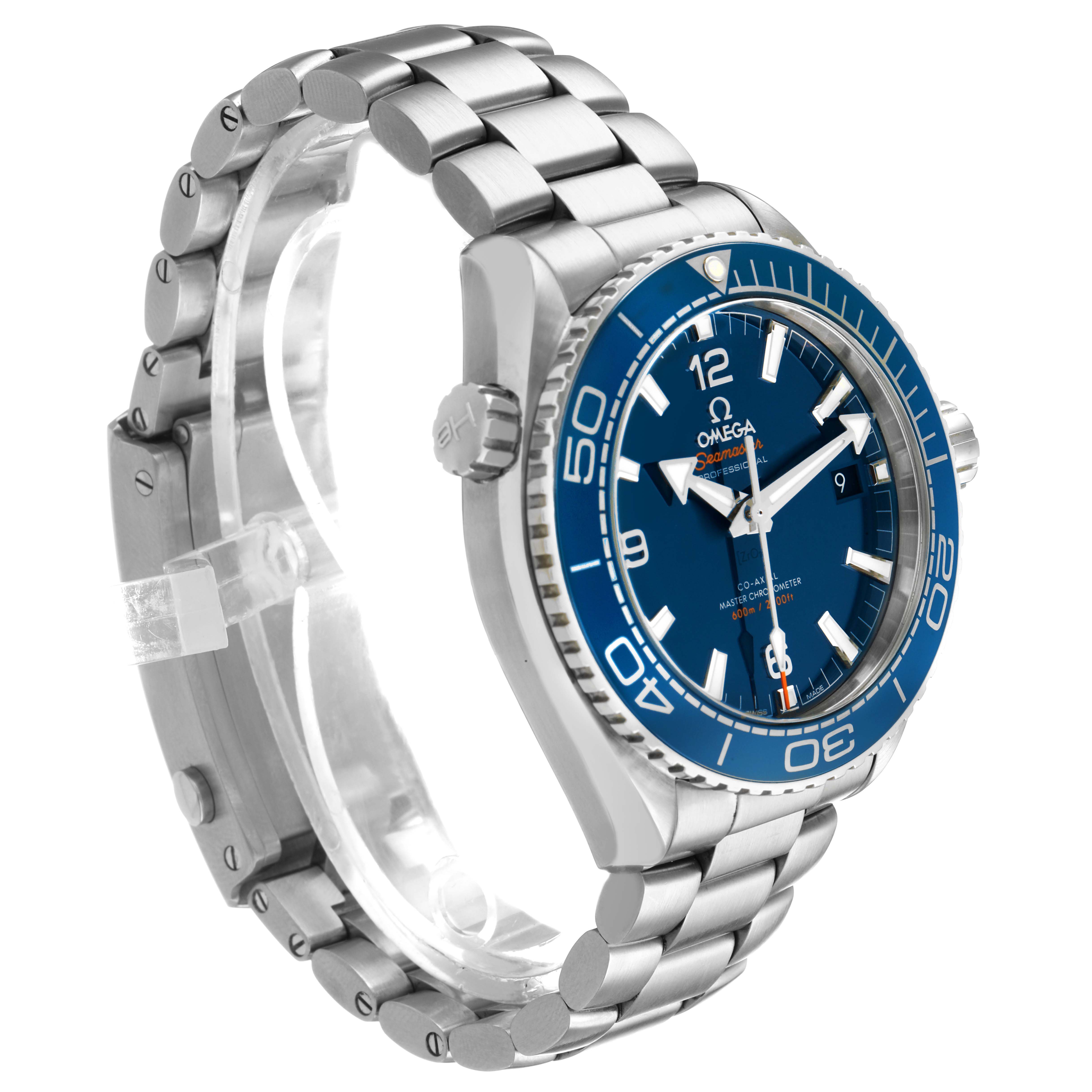The Omega Planet Ocean 215.30.44.21.03.001 Men's Stainless Steel Blue Dial watch is shown at a slight side angle, highlighting the blue dial, bezel, crown, and metal bracelet.