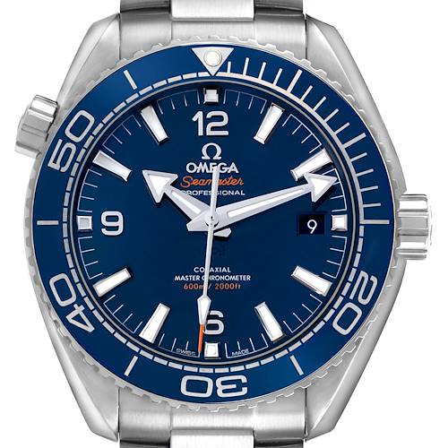 This Omega Planet Ocean 215.30.44.21.03.001 Men's Stainless Steel Blue Dial watch is shown from the front, displaying the dial, hands, markers, bezel, and partly the bracelet.