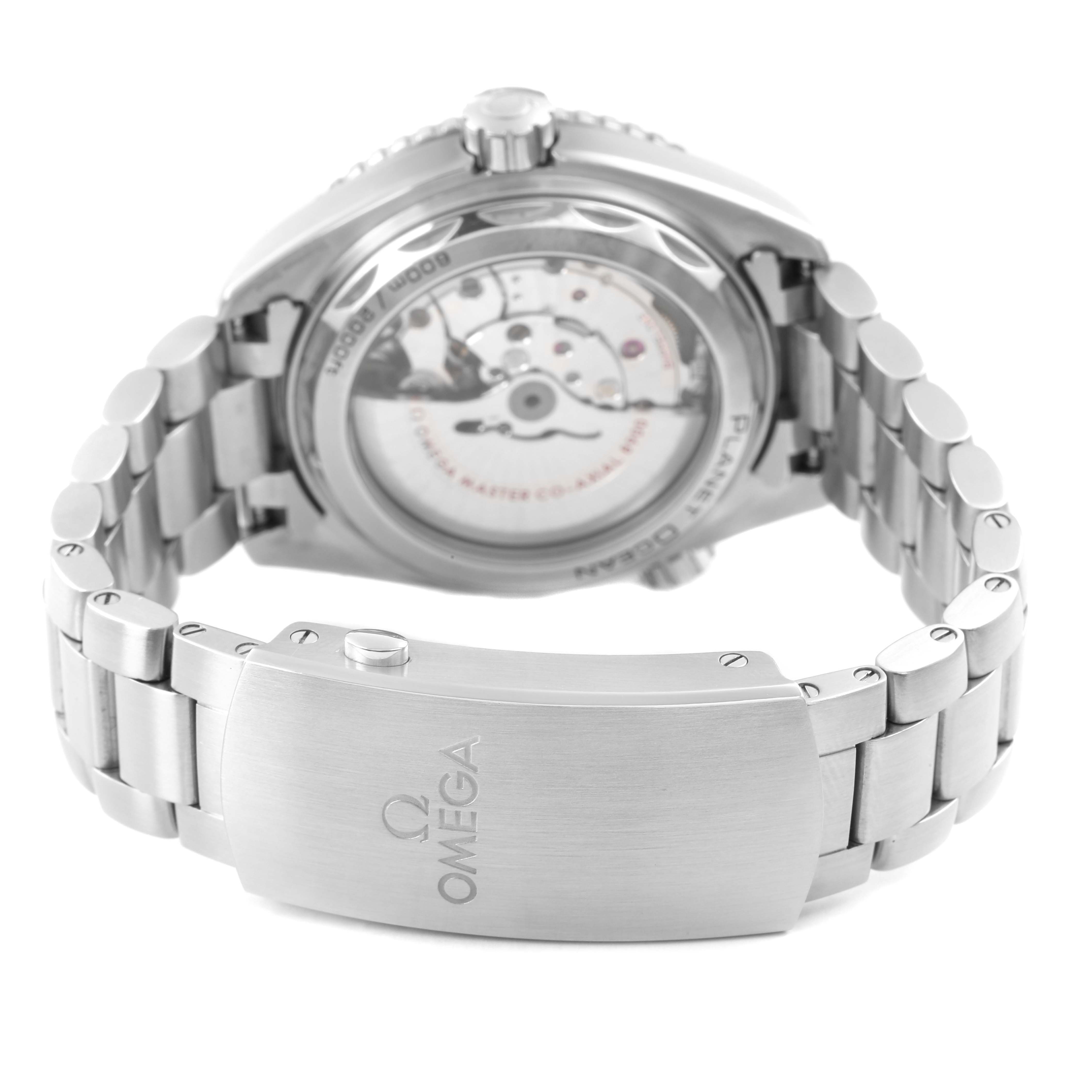 The Omega Planet Ocean 215.30.44.21.03.001 Men's Stainless Steel Blue Dial watch is displayed from the back, showing its exhibition case back and stainless steel bracelet.