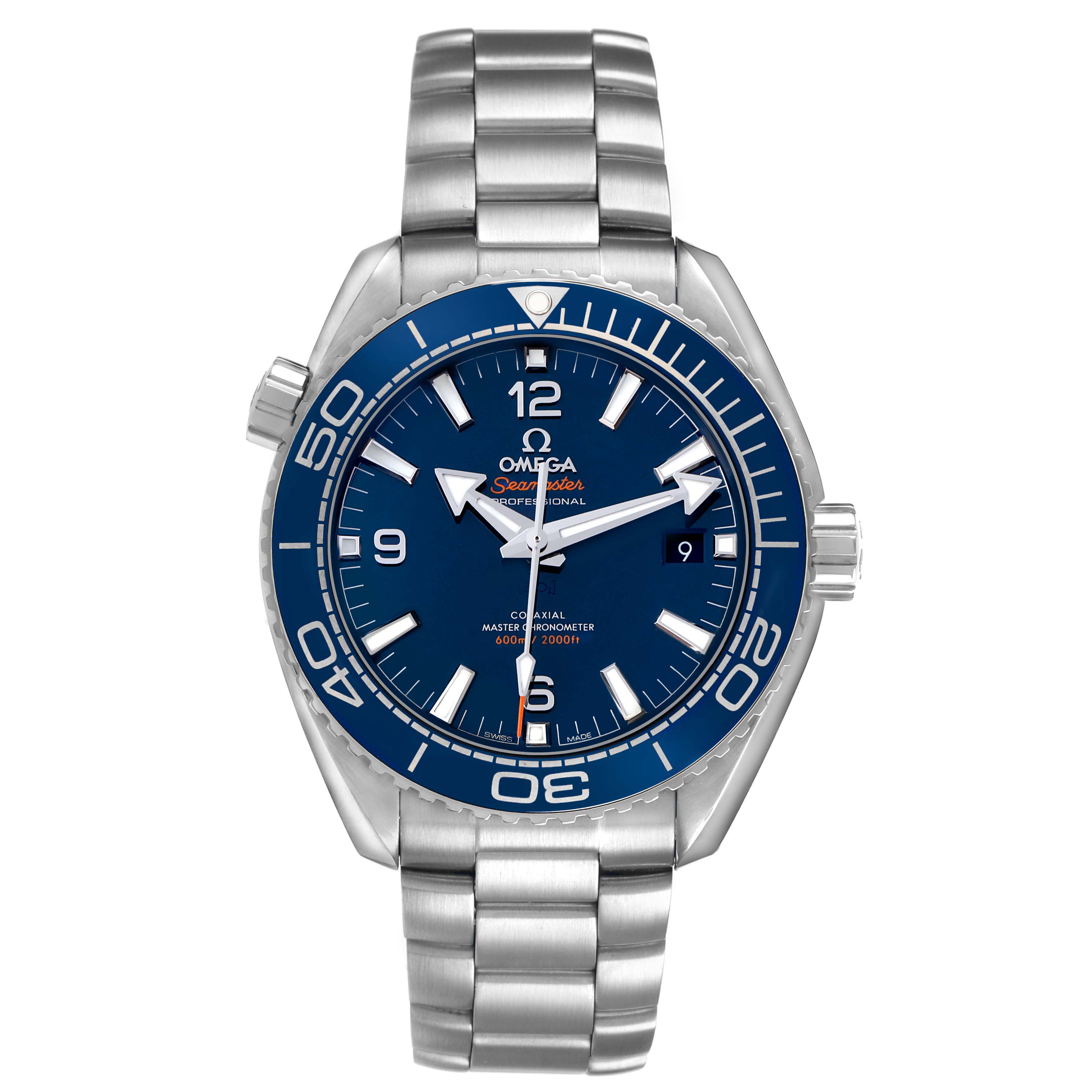 The Omega Planet Ocean 215.30.44.21.03.001 Men's Stainless Steel Blue Dial watch is shown from a front angle, displaying its dial, bezel, crown, and metal bracelet.