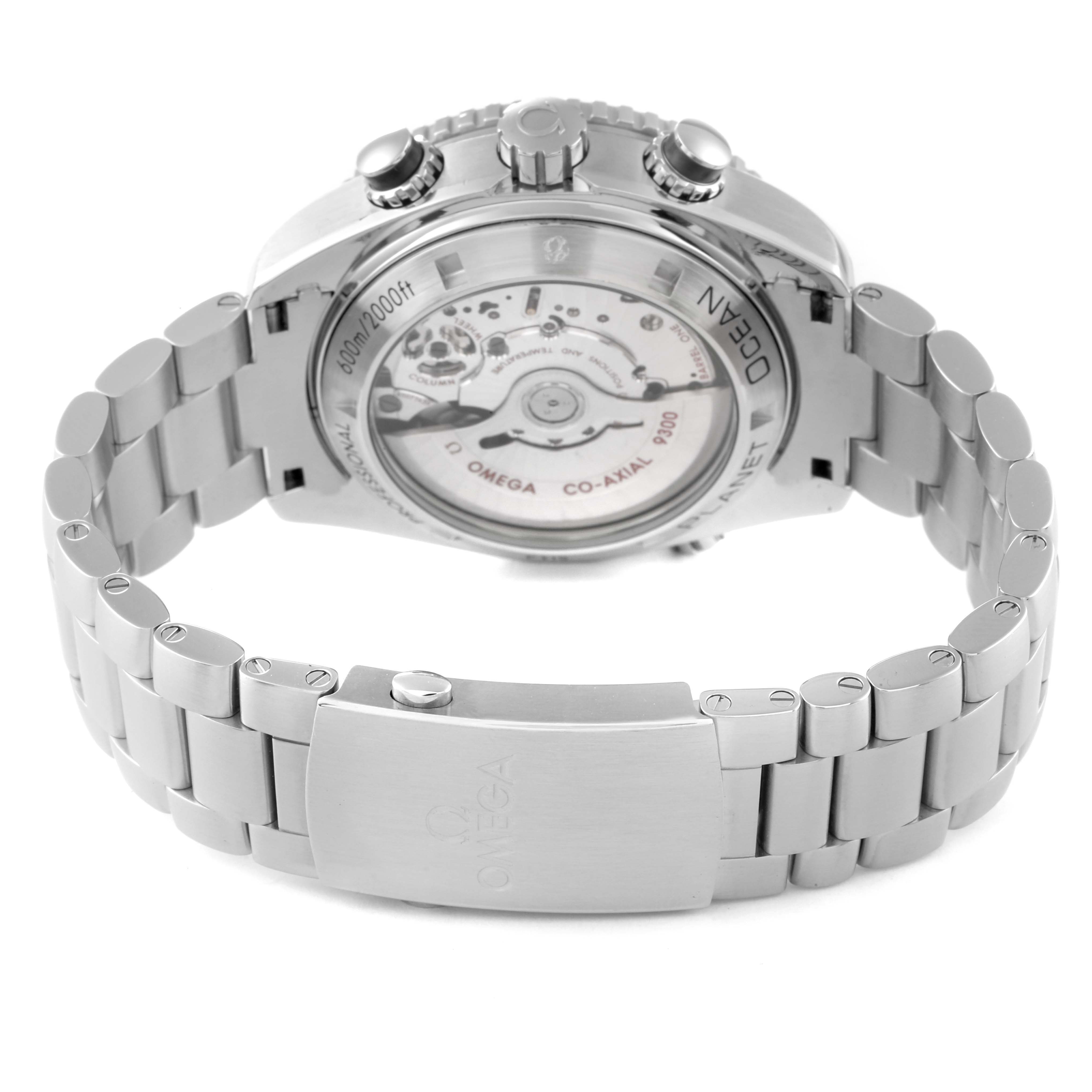 The image shows the back and bracelet of the Omega Planet Ocean 232.30.46.51.01.003 Men
s Stainless Steel Black Dial 232.30.46.51.01.003 Men
s Stainless Steel Black Dial watch, highlighting the movement and clasp.